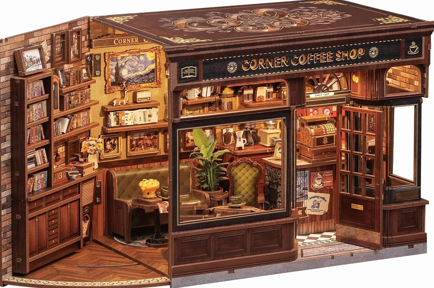 CUTEBEE Book Nook – Domek DIY drewniany z LED dla dorosłych, puzzle 3D, dekoracja na półkę z książkami, prezent (Corner Coffee Shop)