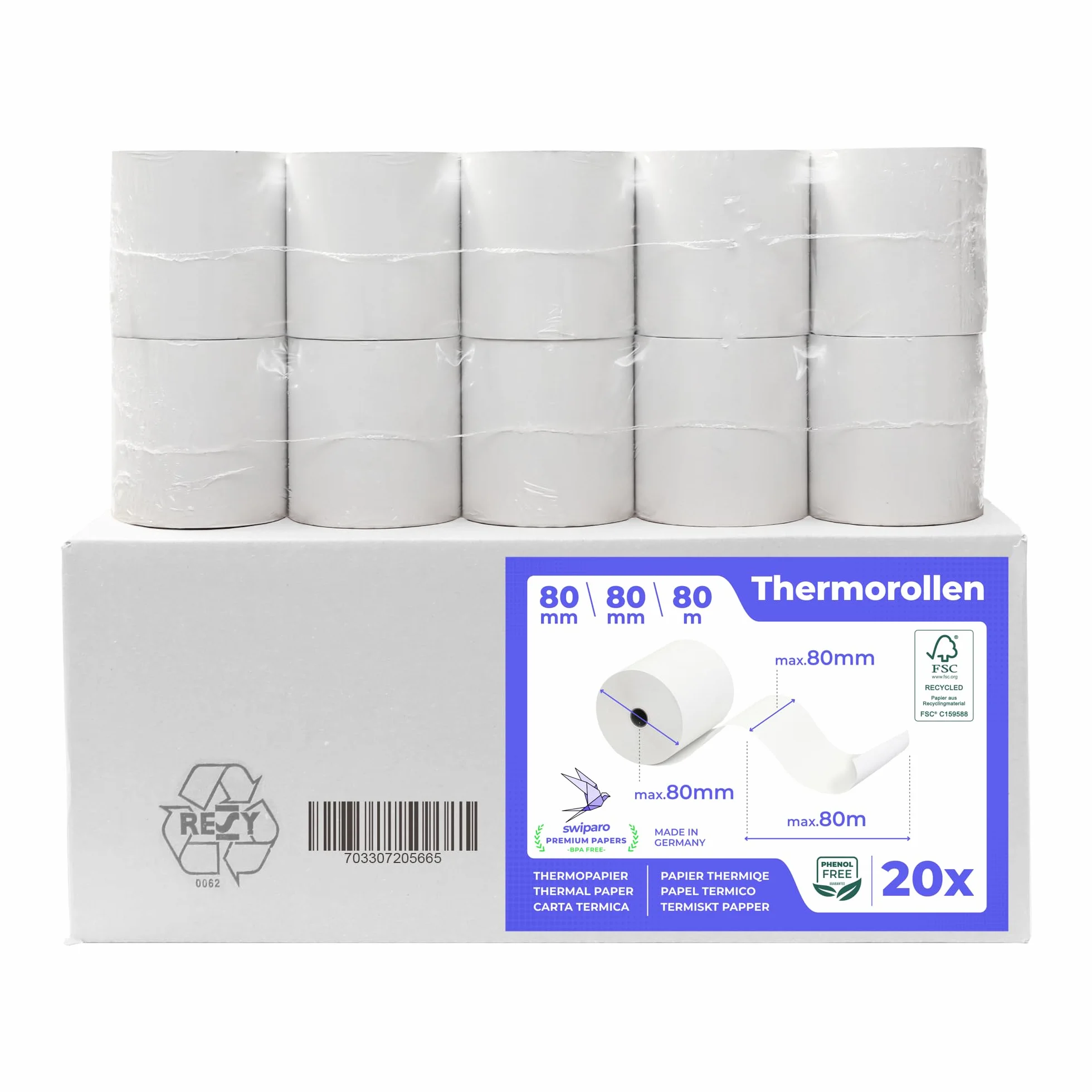 Rolki termiczne 80 mm x 80 m x 12 mm – rolki kasowe – rolki bonów certyfikowane do kasy fiskalnej z drukarką bonów – papier termiczny 80 x 80 x 12 (20 rolek)