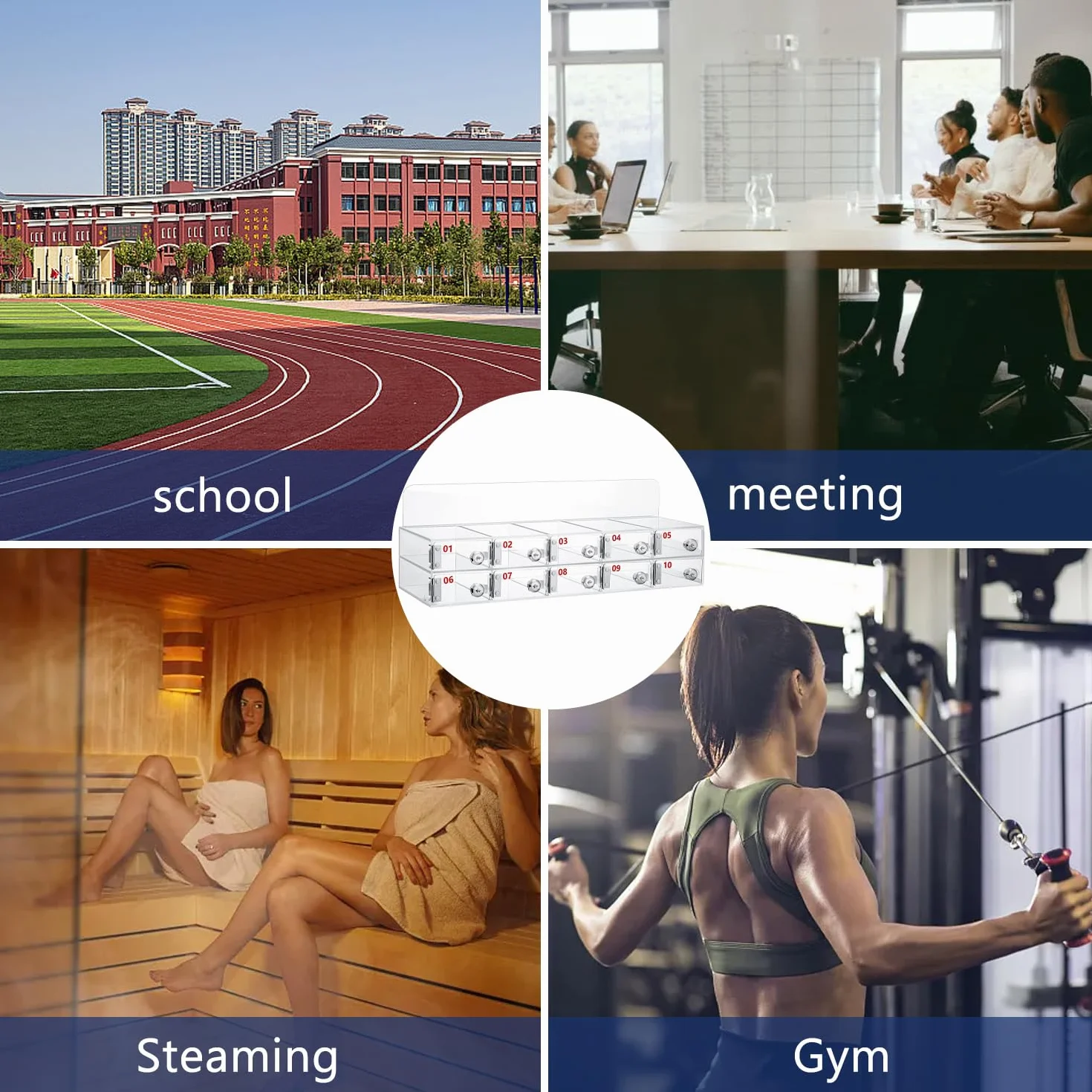 Akrylowe pudełko na telefon komórkowy z 10 przegródkami, zamykane z zamkiem i kluczem
