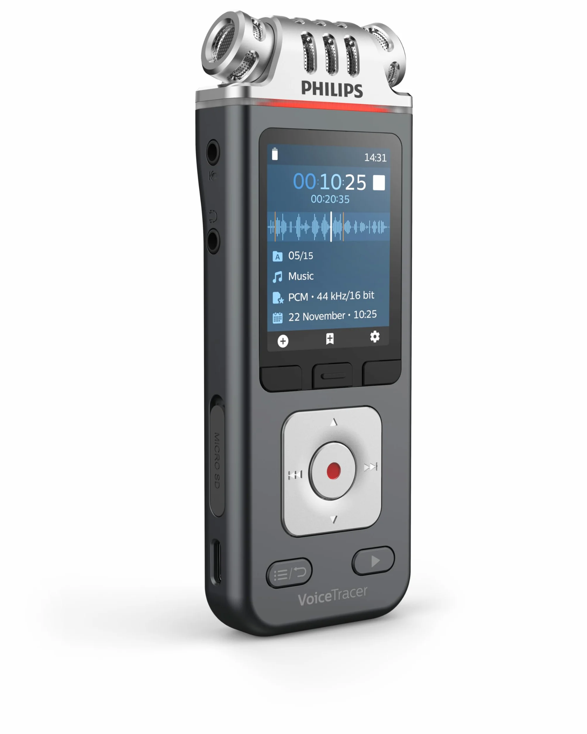 Philips DVT6115 VoiceTracer, dyktafon, nagrywarka, 3 mikrofony HiFi zoptymalizowane do nagrywania muzyki, w zestawie licencja testowa Sembly AI: transkrypcja i podsumowania sztucznej inteligencji