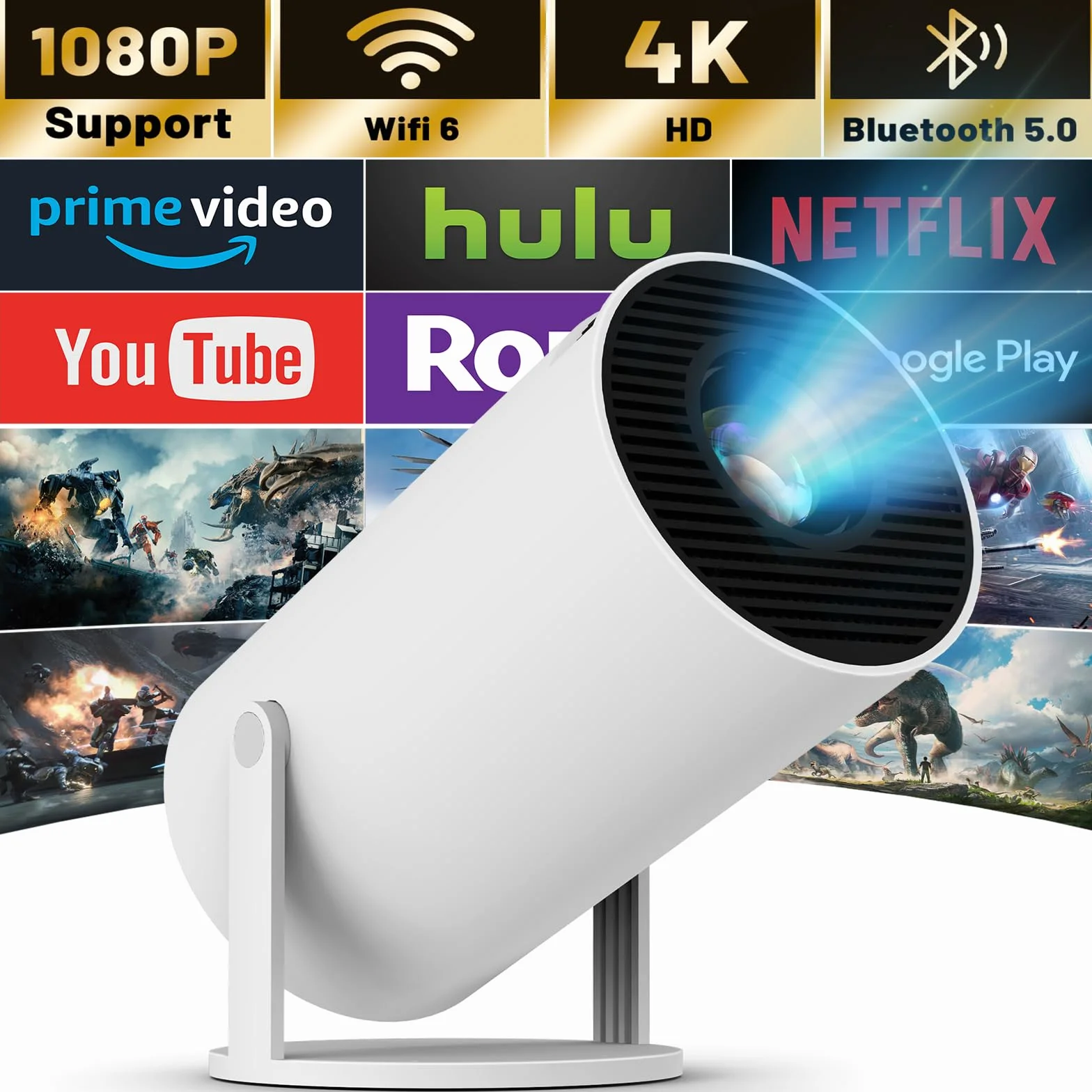 Mini projektor WIFI 6 Bluetooth 4K 1080P przenośny obracany 130 cali automatyczny keystone