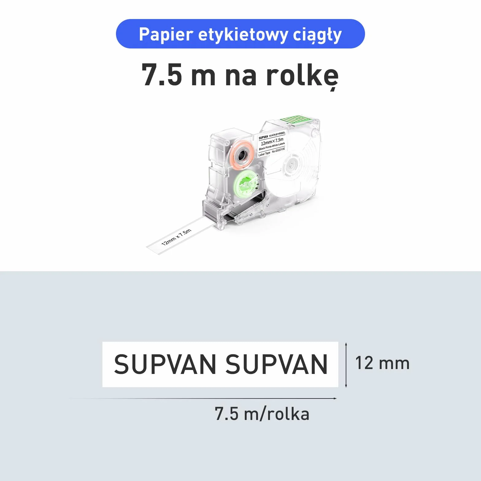 SUPVAN G15M Taśma Do Etykiet Transfer Termiczny 12 mm x 7.5 m Czarna Na Białym
