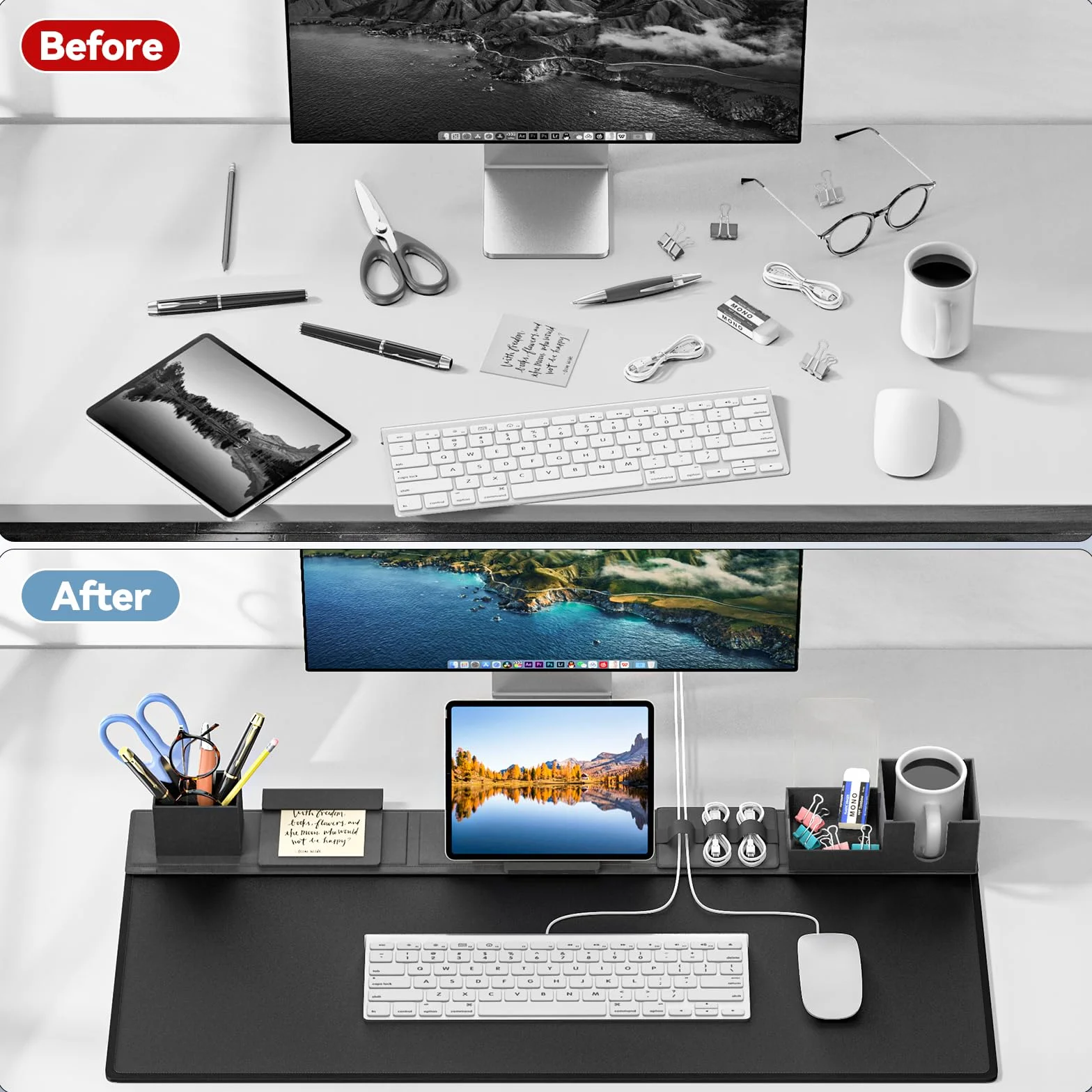 KDD Podkładka na Biurko i Organizer, 6 w 1 Podkładka pod Mysz z Magnetycznym Schowkiem na Biurko Akcesoria Diy na Telefon i Stojak na Tablet/Pojemnik na Kubek/Pojemnik na Karty/Pojemnik na Długopisy