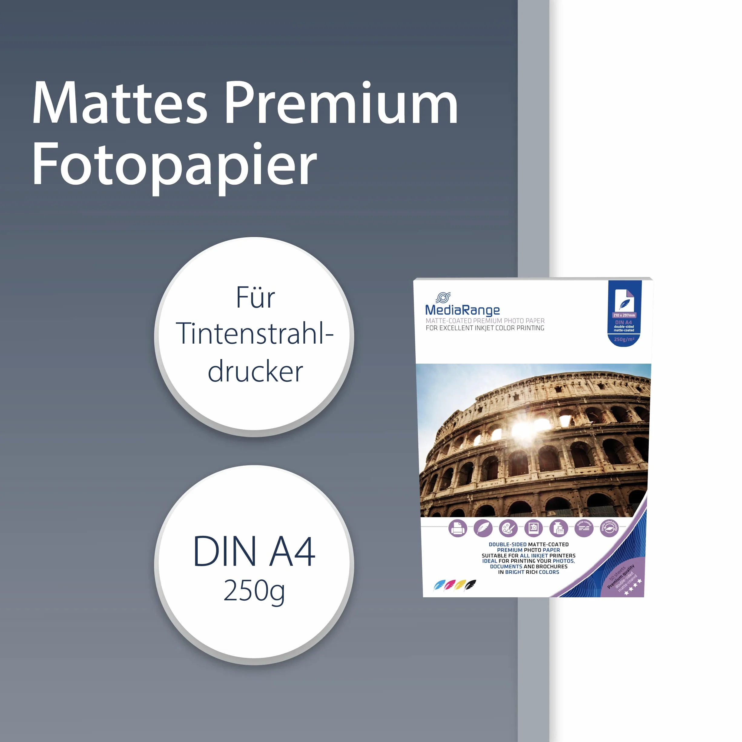 MediaRange Papier fotograficzny DIN A4 do drukarek atramentowych, dwustronnie matowy, 250 g, 50 arkuszy
