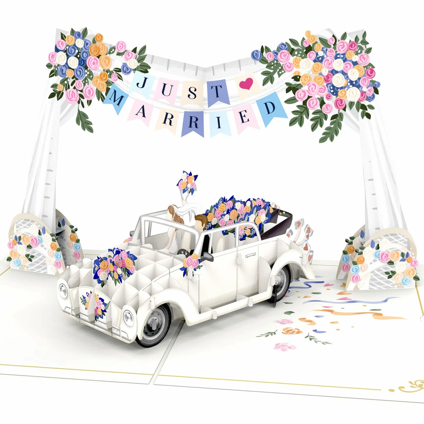 PaperCrush® kartka typu pop-up z koronką Just Married – elegancka 3D kartka ślubna dla pary młodej, kartka z życzeniami na ślub, kupon na podróż poślubną i prezent pieniężny na miesiąc miodowy