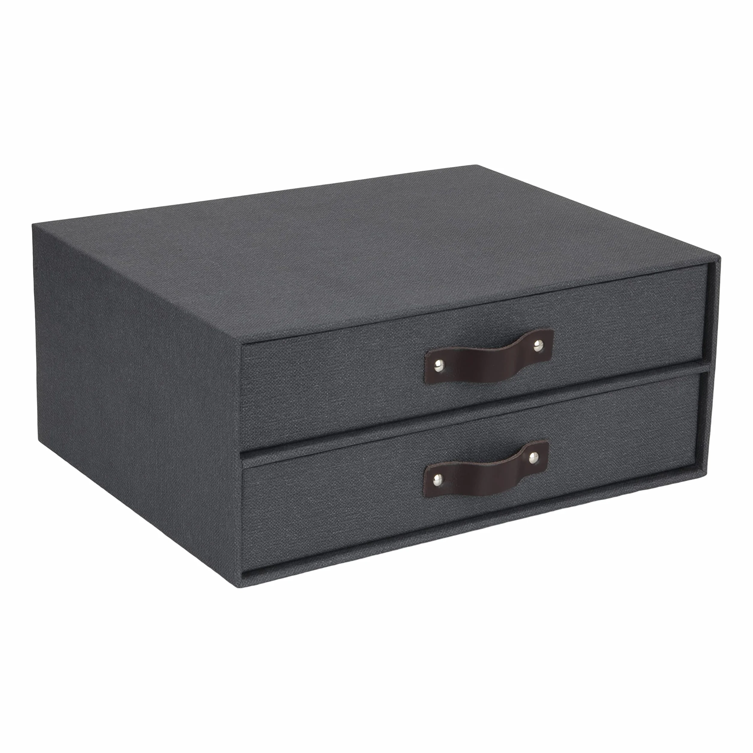 Bigso Box of Sweden 9431C6849LEA648 Mini komoda biurowa na dokumenty i materiały biurowe – Organizer na biurko z 2 szufladami – pudełko z szufladami z włókna drzewnego i papieru – czarny