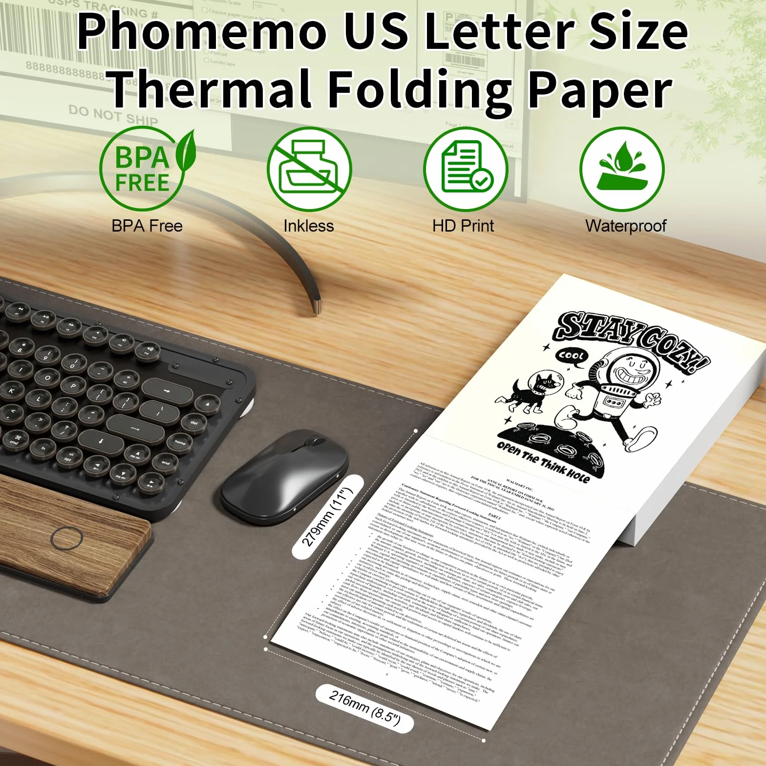 Phomemo Papier składany w formacie US Letter, 216 mm x 279 mm, kompatybilny z Phomemo P831/M832/M833/M834, przenośna drukarka A4, do biznesu, zdjęć, rachunków, umów, 100 arkuszy