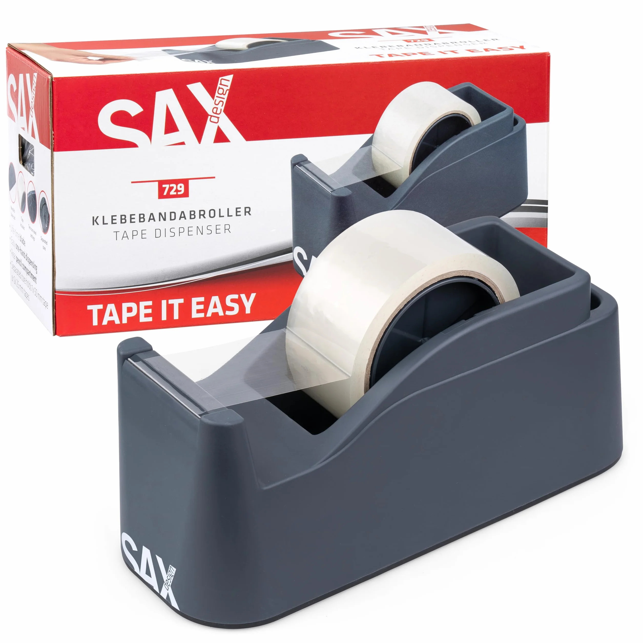 SAX Tape it Easy XXL jednoręczna taśma klejąca bardzo ciężka 50 mm 2 x 25 mm dozownik taśmy antypoślizgowy
