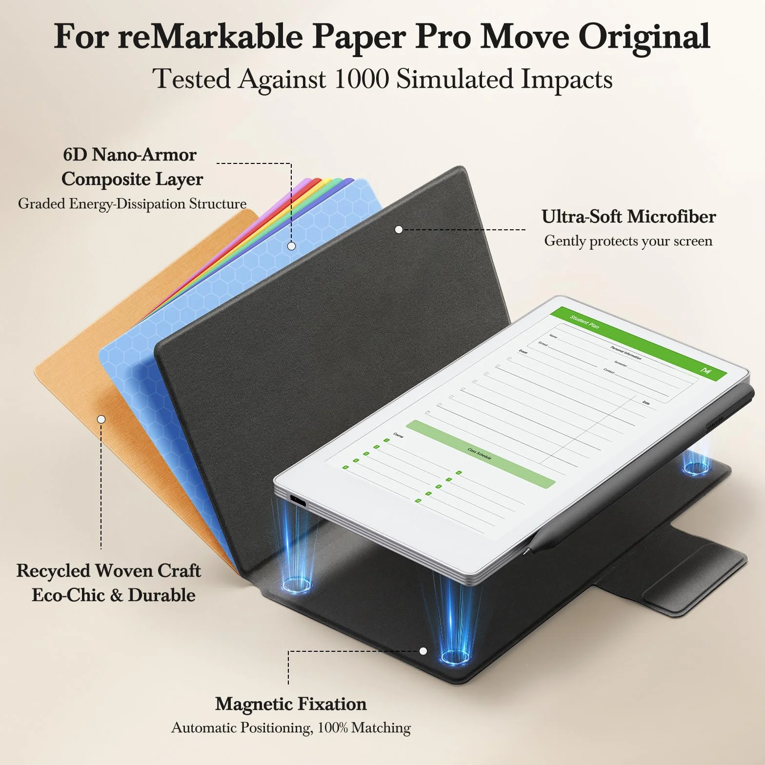 Etui z magnetycznym podstawnikiem na Remarkable Paper Pro Move, folio z mozaikowym tkaniem, składana holderka na długopis z tyłu, auto wake/sleep, wyściełka mikrofibrowa, silny magnes (Bordowy)