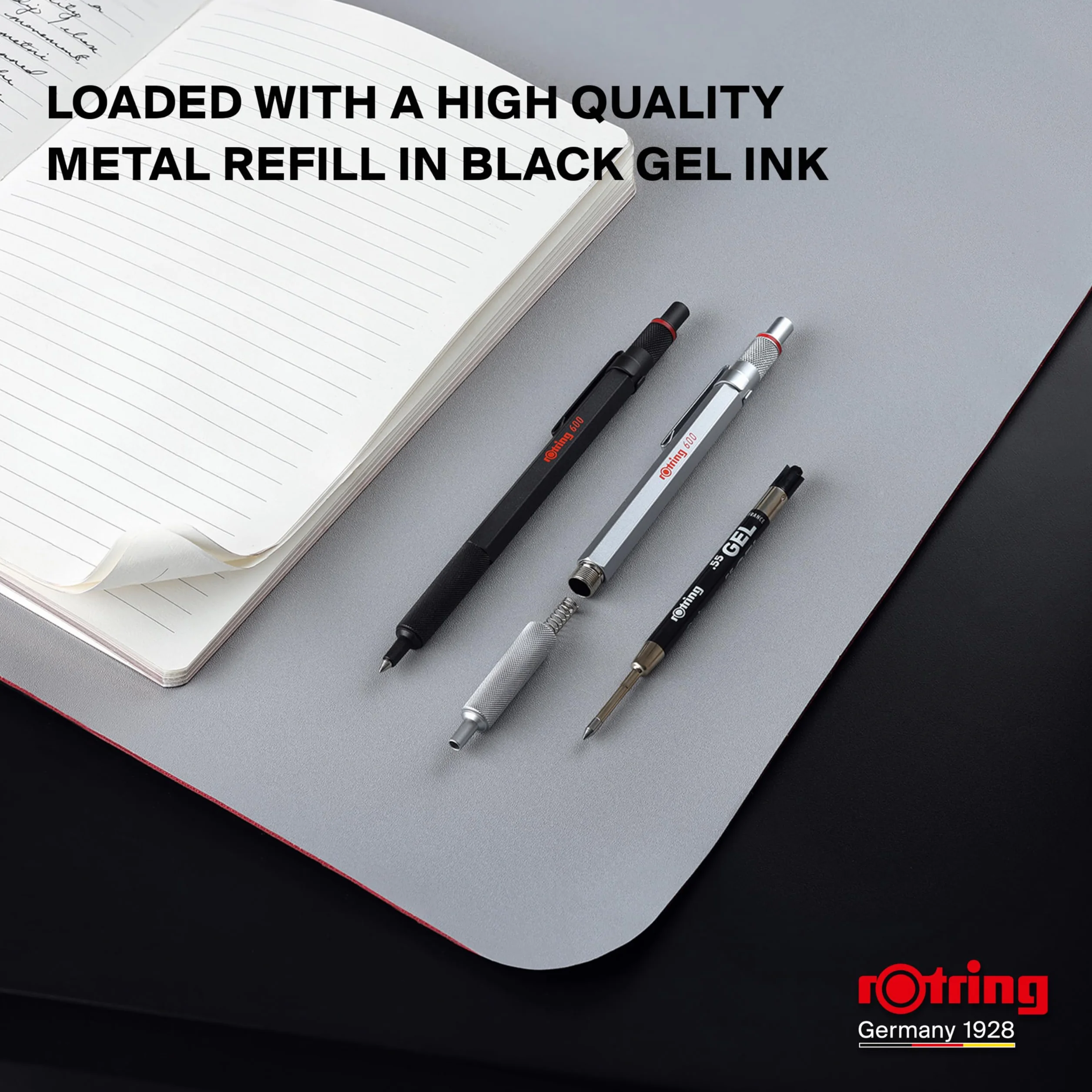 rOtring 600 Długopis żelowy | 0,55 mm | Czarny tusz | Srebrna metalowa obudowa | Antypoślizgowy uchwyt radełkowany i sześciokątny korpus | Z wymiennym wkładem