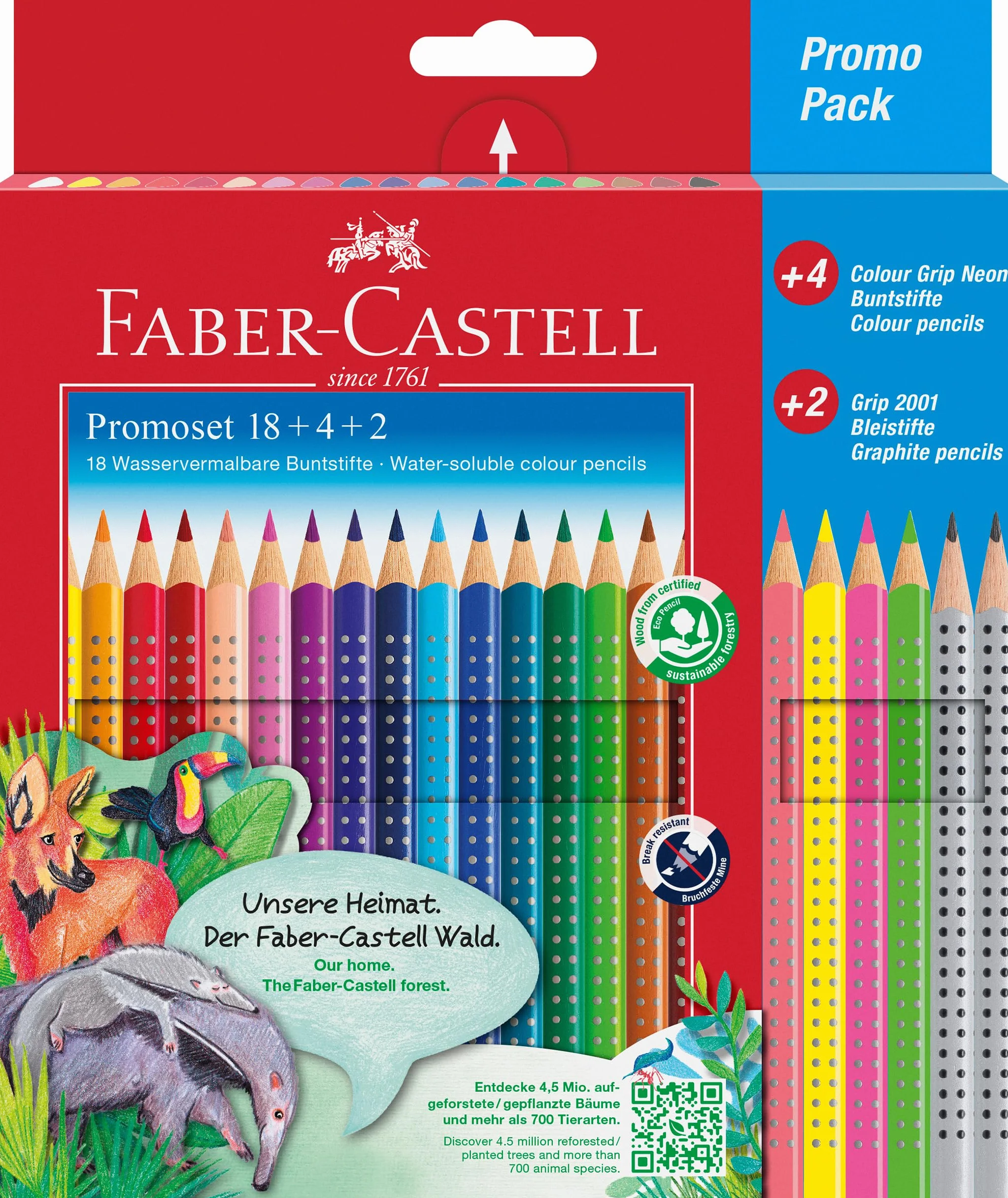 FABER-CASTELL 201540 – zestaw kredek dla dzieci i dorosłych, 24 sztuki, trójkątne, odporne na łamanie, w tym 4 kolory neonowe i 2 ołówki