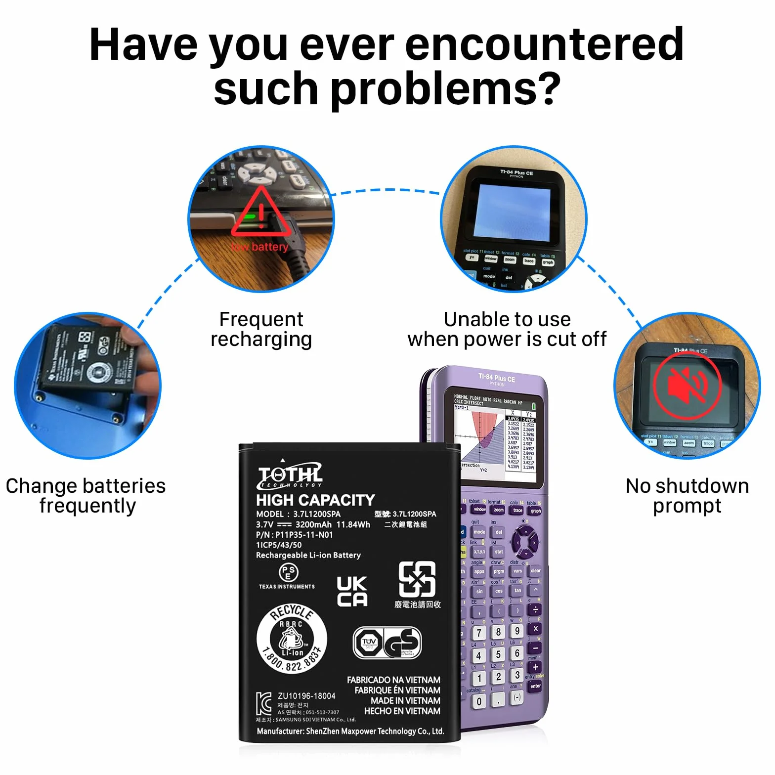 Akumulator TI-84 Plus CE, 3,7 V akumulator zamienny do Texas Instruments TI-84 Plus C E, TI-8 4 CE/TI-Nspire CX II, nr części 3.7L1200SPA P11P35-11-N01
