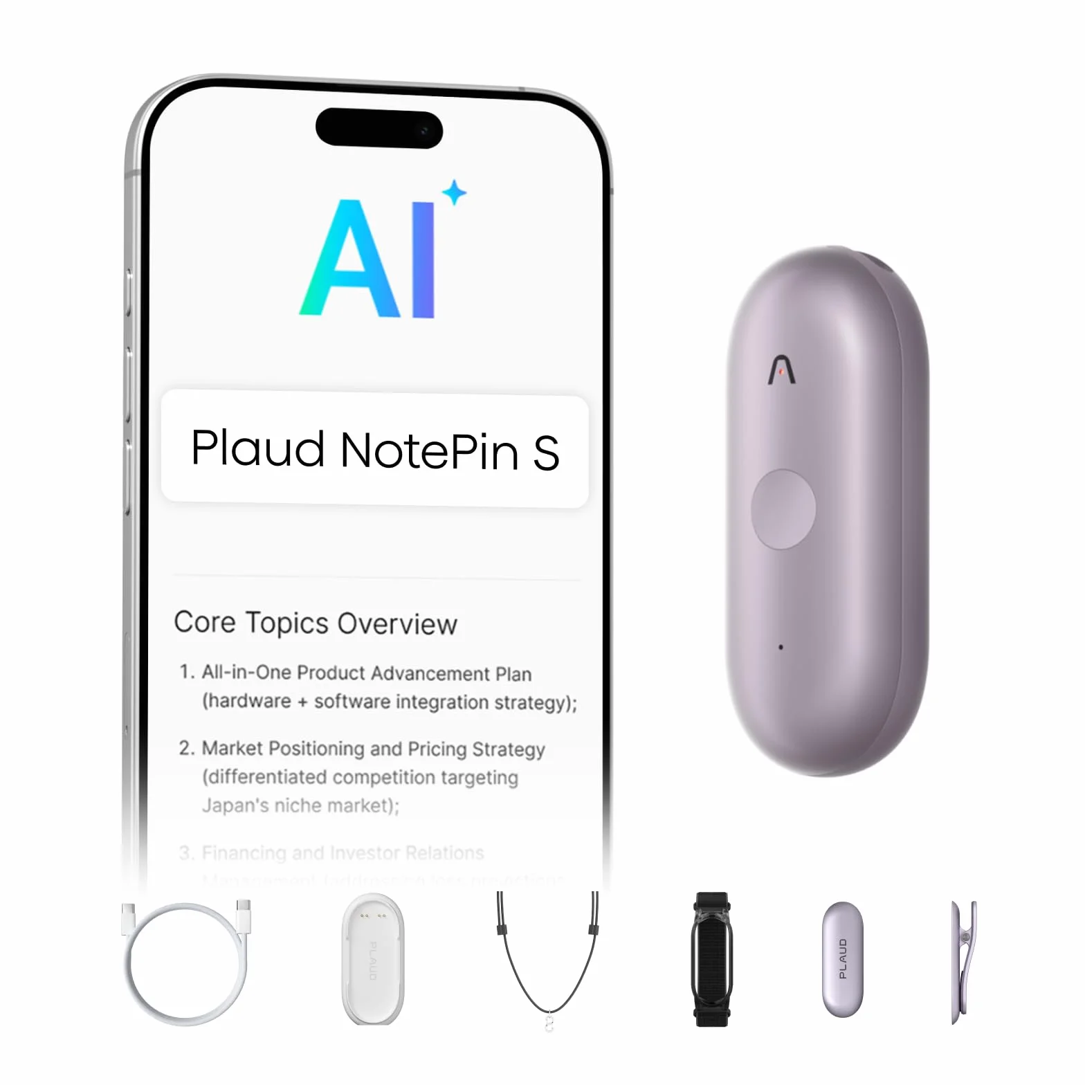 Plaud NotePin S Dyktafon AI z Dotykowym Przyciskiem Rejestrator Głosu AI Transkrypcja i Podsumowanie AI 112 Języków Pamięć 64 GB do Wykładów Spotkań Wywiadów i Zespołówz 4 Akcesoriami