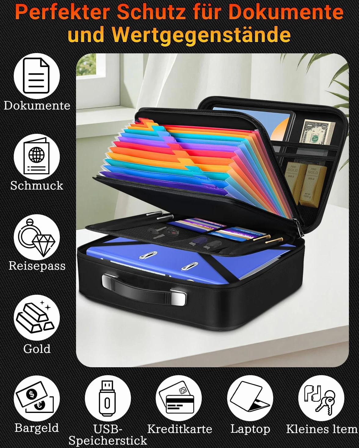 Ognioodporne pudełko na dokumenty – organizer na dokumenty z zamkiem szyfrowym i 13 przegródkami, przenośny, wodoszczelny, ognioodporna torba na dokumenty A4, certyfikaty, laptop i paszporty