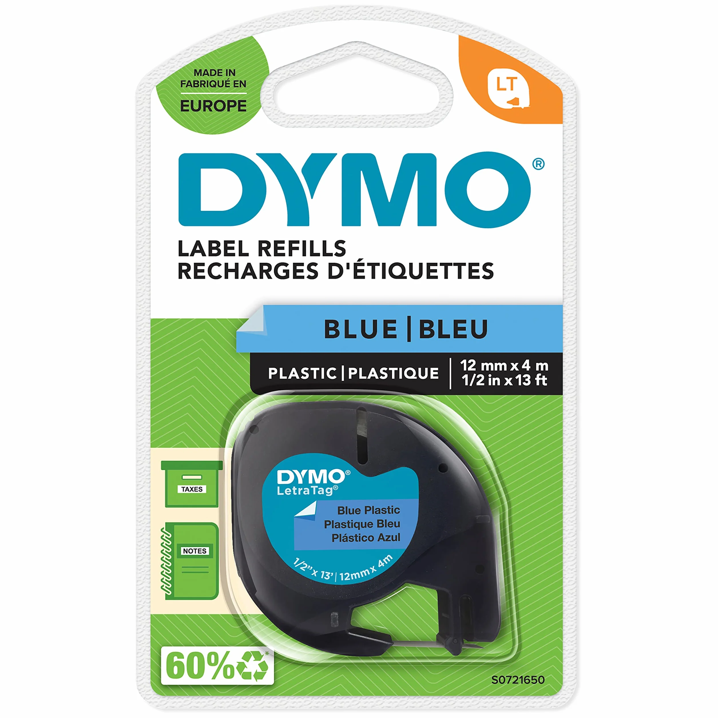 Oryginalne etykiety plastikowe DYMO LetraTag | Rolka 12 mm x 4 m | Czarny nadruk na niebieskich etykietach | Samoprzylepne etykiety uniwersalne do etykieciarek LetraTag