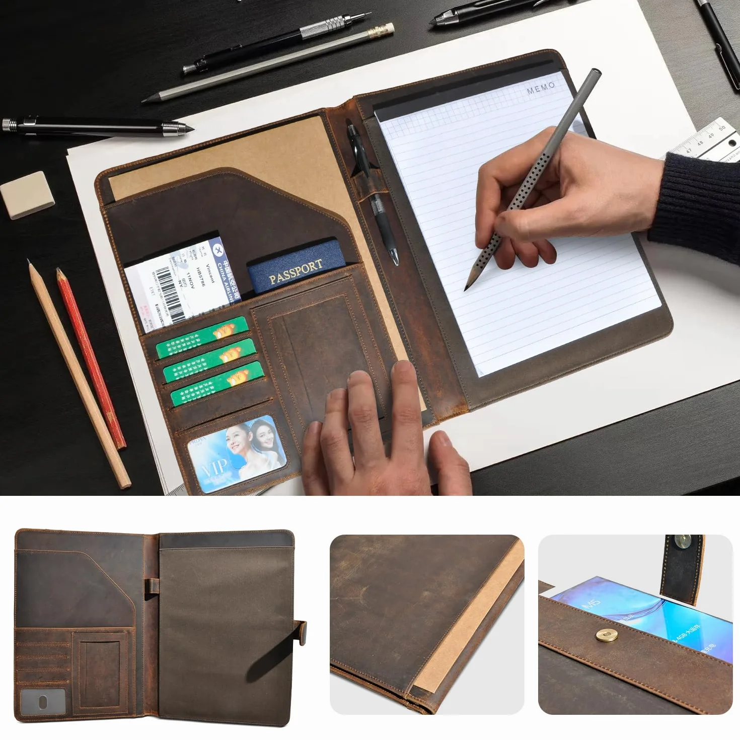 Crazy Horse Skórzane Padfolio, Legal Pad Organizer do Biura Biznesowego, Wznów Teczka, Notatnik do A4/Pad, 901 (901 Brązowy)