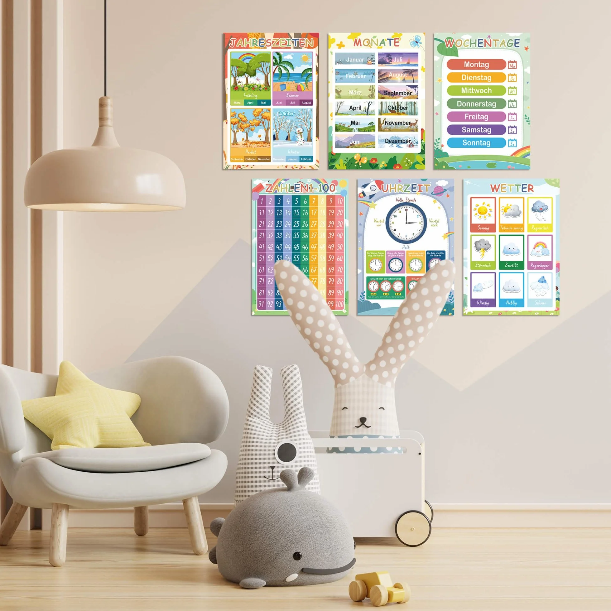 BIROYAL Montessori 16 Edukacyjnych Plakatów A4, ABC dla Dzieci, Gruby Papier Laminowany, Alfabet, Edukacyjny do Szkoły Podstawowej, Piktogramy