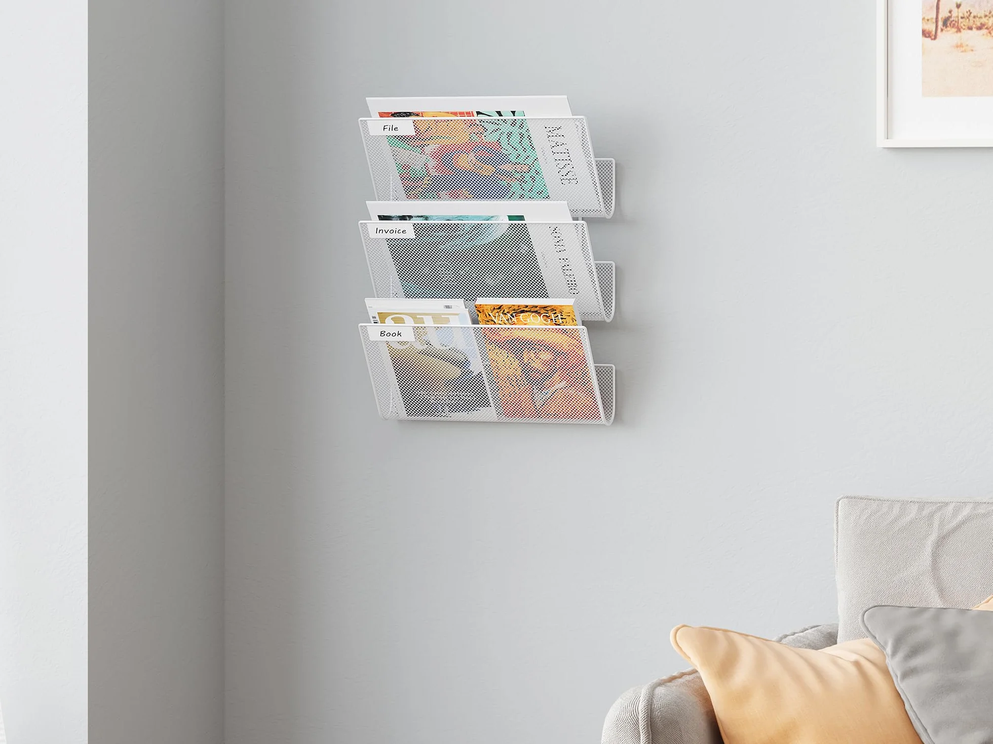 EasyPAG Uschwyt Ścienny na Dokumenty A4 3 Przedziały Metal Siatka,Wiszący Organizer na Dokumenty,Ścienny Stojak na Pocztę,Przechowywanie Czasopism do Biura & Domu,Biały