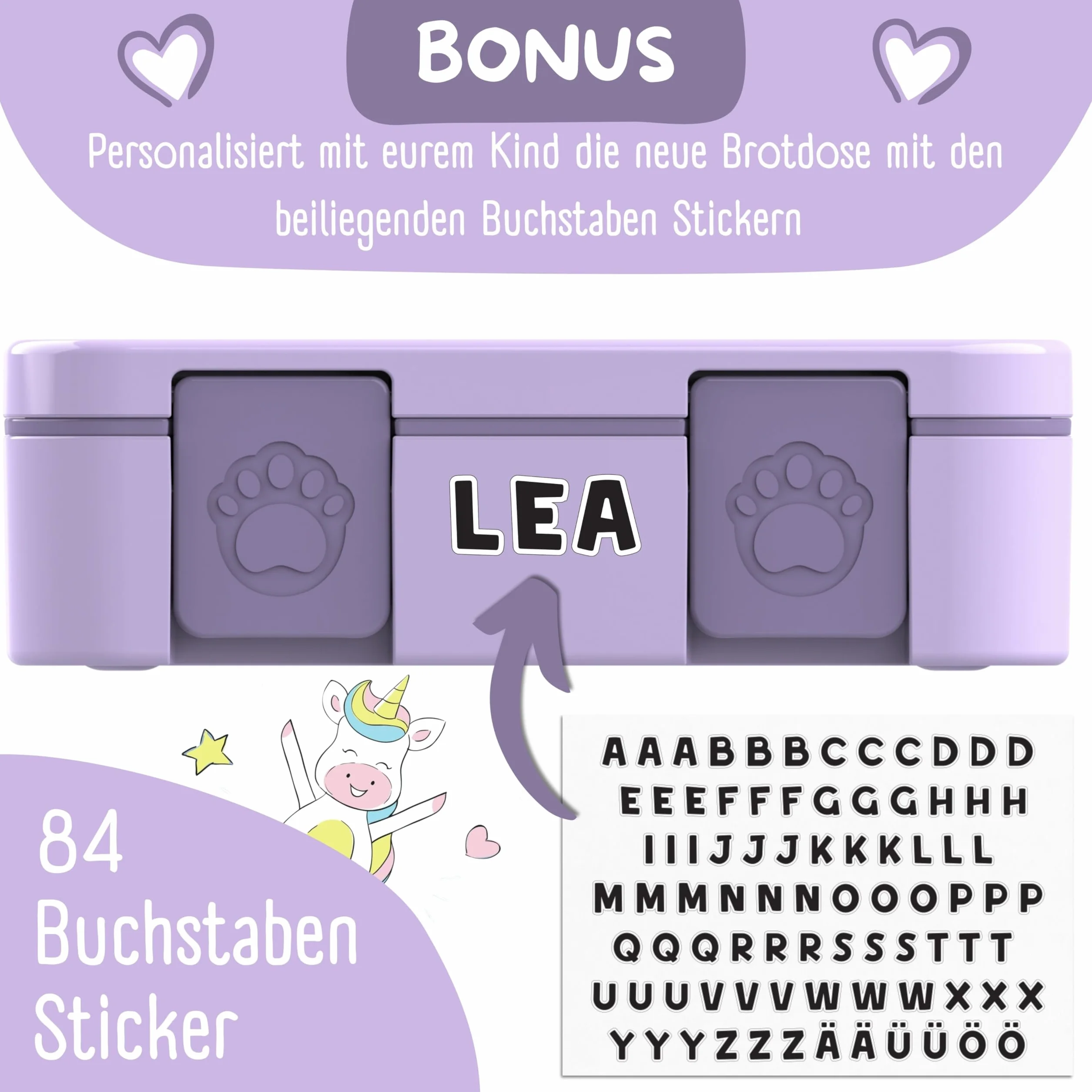 BEARFOOT Bento Box COMPACT pudełko śniadaniowe dla dzieci, bez BPA, szczelne, fioletowe jednorożec