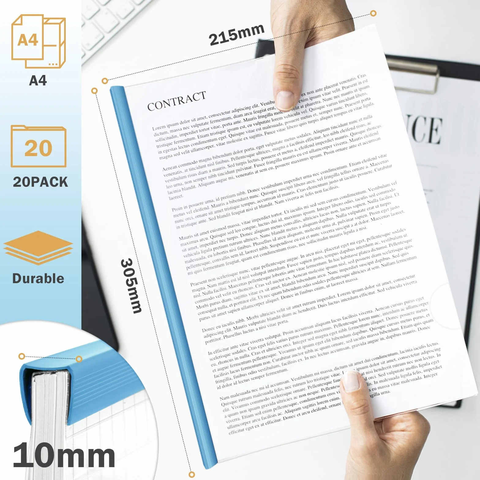 20 sztuk grzbietów do oprawy papieru A4, przezroczyste grzbiety do oprawy papieru, segregator do papieru A4, szerokość grzbietu 10 mm, pojemność 90 arkuszy, do dokumentów domowych