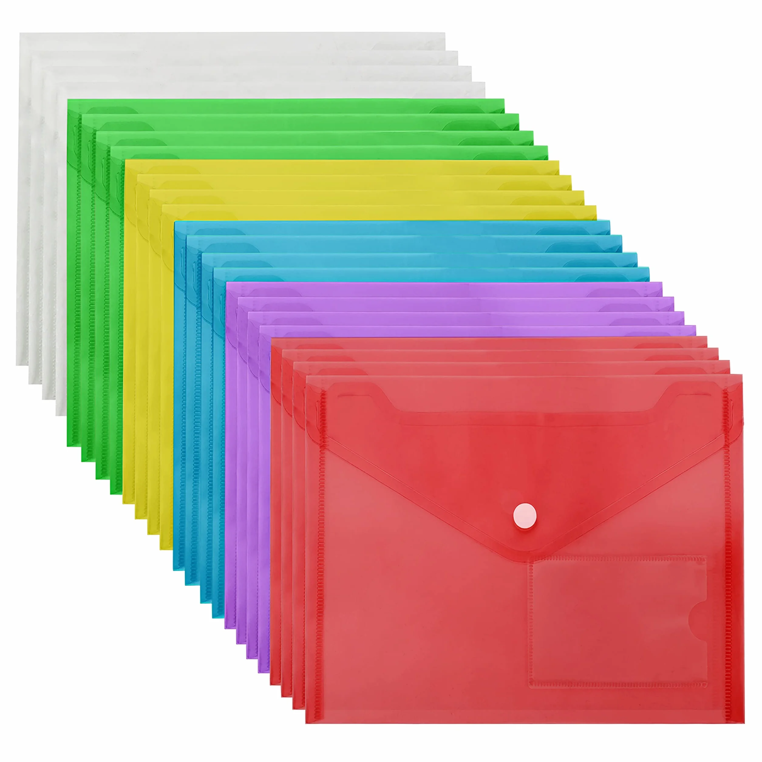 Belle Vous Zestaw 24 kolorowych plastikowych pudełek na dokumenty w formacie A5, z zapięciem na zatrzask i etui na karty, etui do przechowywania domu, biura i szkoły, plastikowa torba A5 na dokumenty
