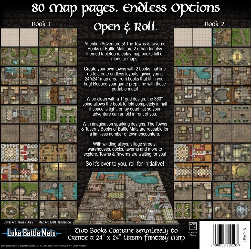 Loke Towns & Taverns Books of Battle Mats Ksiązka z mapami fantasy, kolor czarny