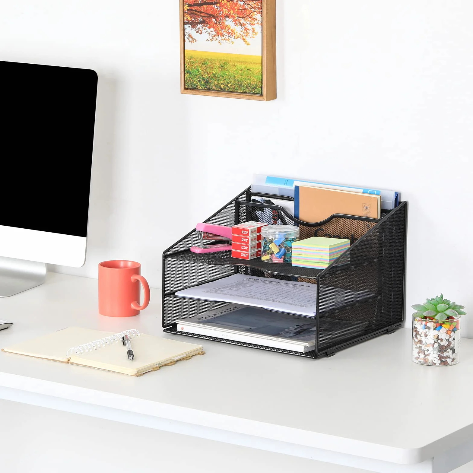 EasyPAG Organizer na Biurko A4 5 Przedziały Metal Siatka,Taca na Czasopisma,Półka na Listy,Stojak na Dokumenty do Domu & Biura,Czarny