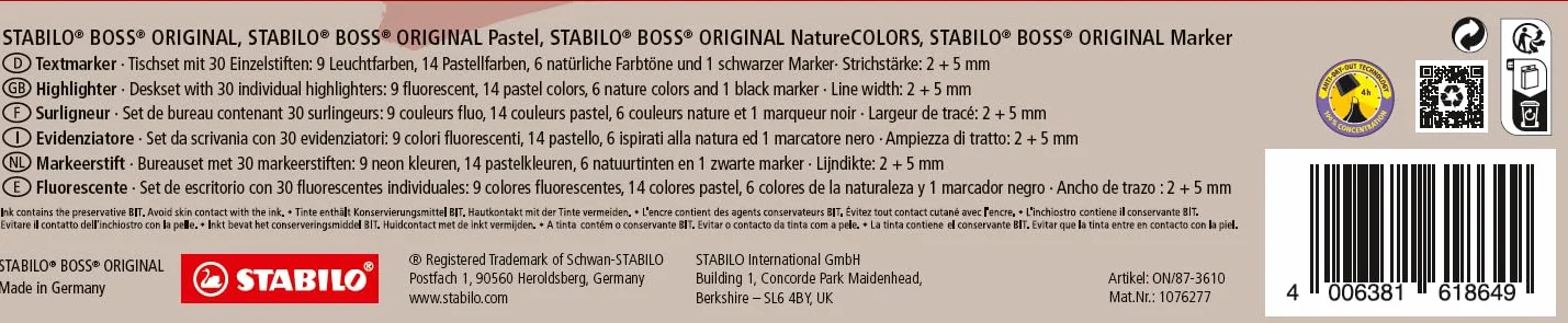 STABILO BOSS ORIGINAL zakreślacz zestaw 30 sztuk, 9 neonowych, 14 pastelowych, 6 naturalnych kolorów i 1 czarny marker