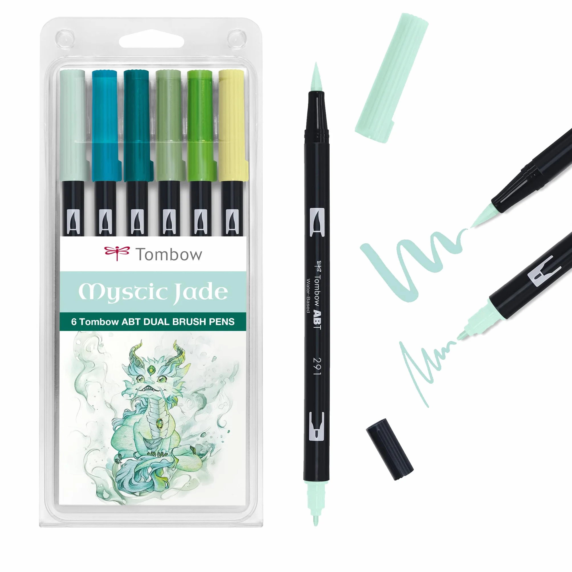 Tombow ABT Dual Brush Pen, Mystic Jade, pisak z dwoma końcówkami, idealny do ręcznego pisania i bullet journalingu, wodny, zestaw 6 sztuk [ABT-6P-JADE]
