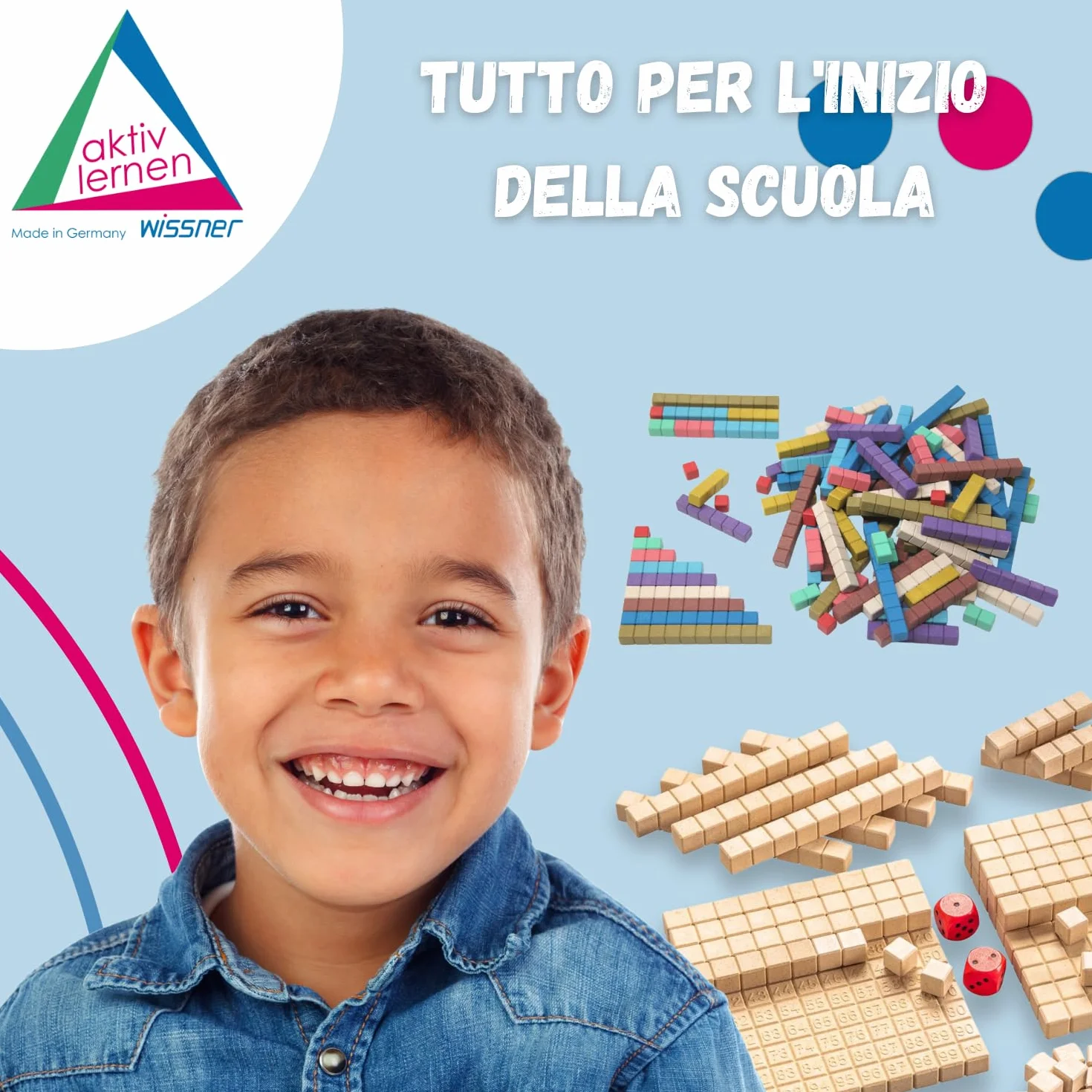 WISSNER aktiv lernen 080508.000 100 prętów do liczenia RE-Wood w 10 kolorach Montessori, niebieski, brązowy, żółty, zielony, różowy, czerwony, biały