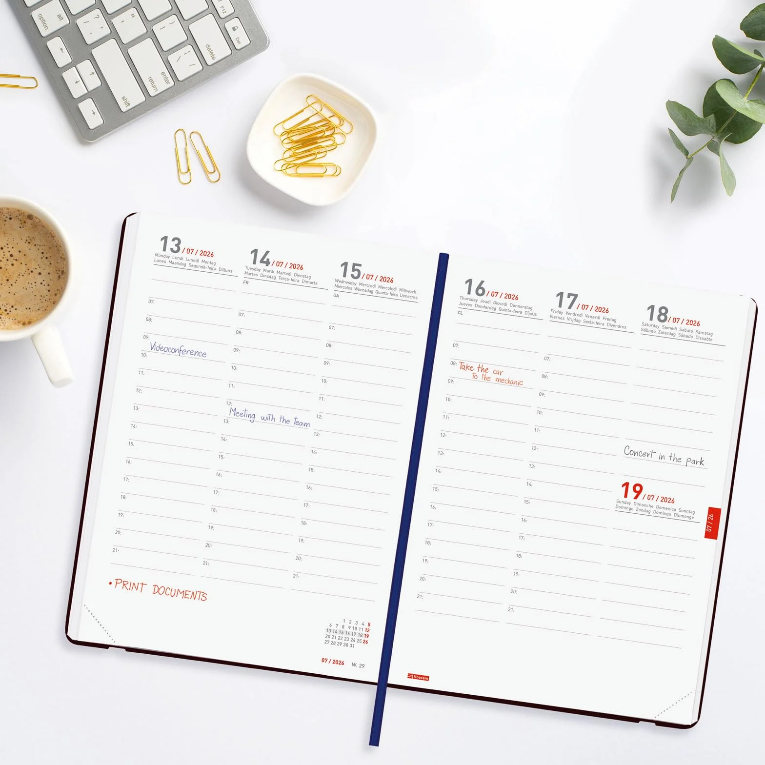 Finocam Mara Weekly Planner 18-Month | Weekly View Vertical Layout · July 2026 to December 2027 | Blue · International - Week-to-view diary