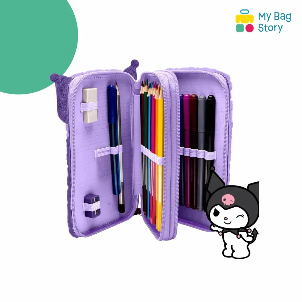mybagstory | Pluszowy piórnik Kuromi z 2 przegródkami | Kompletny zestaw szkolny 28 akcesoriów do kolorowania, miękki fioletowy kawaii design dla dziewczynek i fanów Sanrio | Wymiary 12x20x4 cm