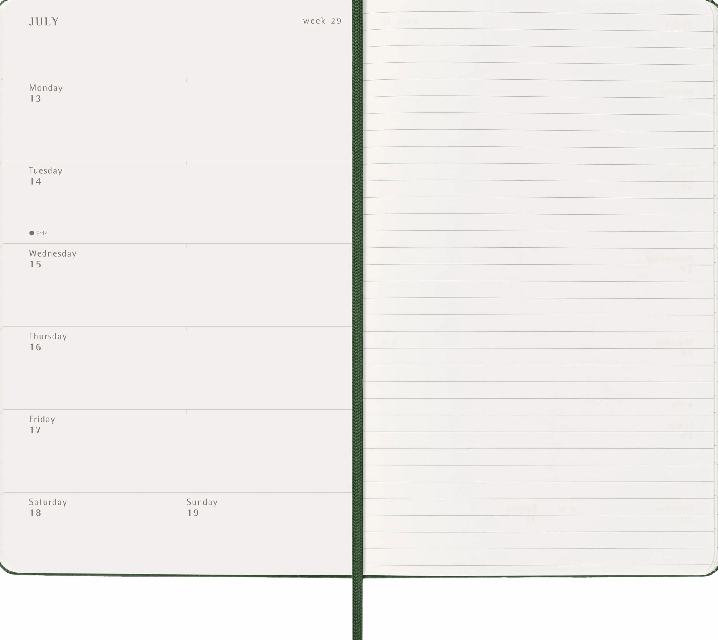 Moleskine 12 Monate Wochen Notizkalender 2026, Large/A5, 1 Wo = 1 Seite, rechts linierte Seite, Fester Einband, Myrtengrün