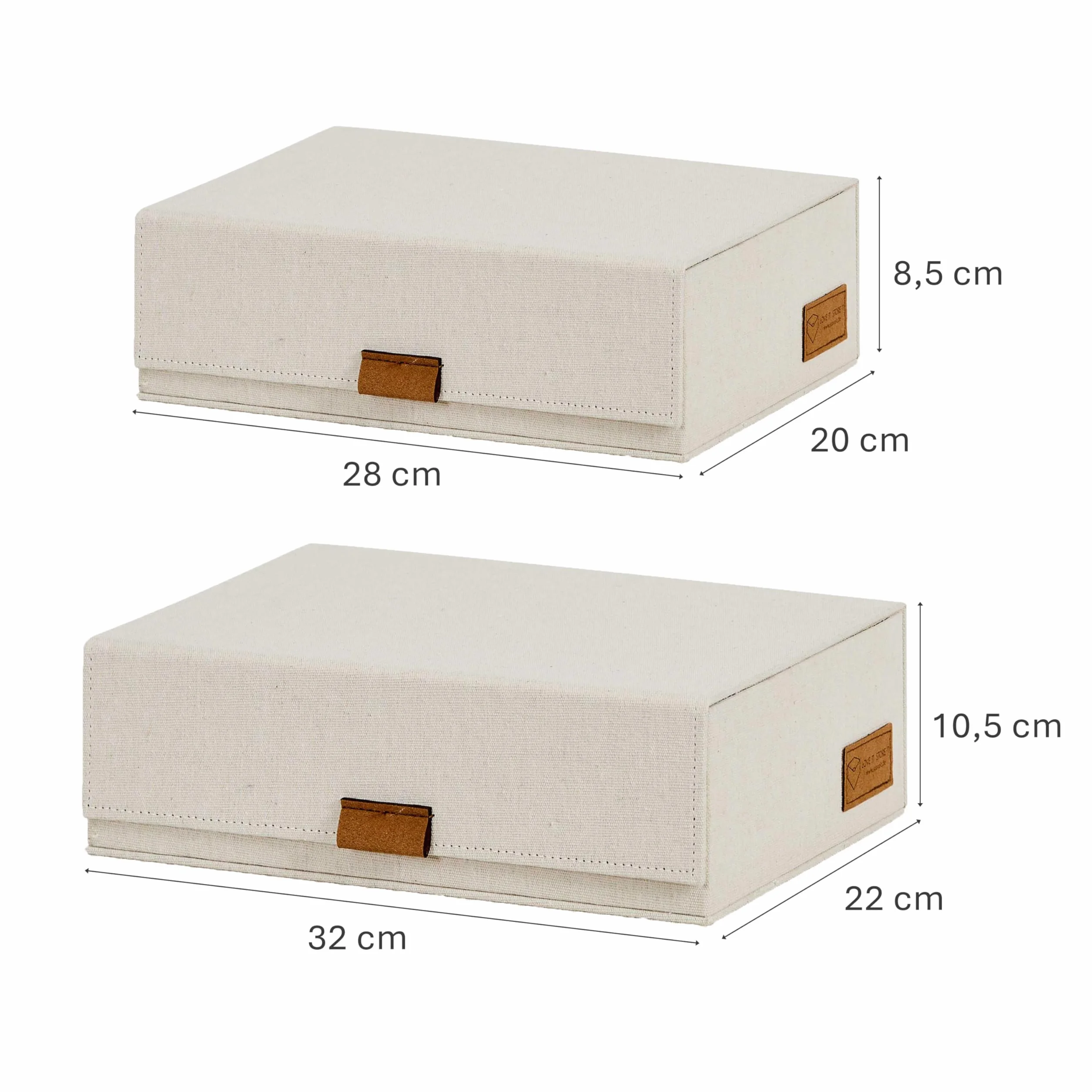 LOVE IT STORE IT - Premium pudełka do przechowywania z pokrywką – materiał lniany – magnetyczne zamknięcie – pokrywka z klapką – beżowe – 28 x 20 x 8,5 cm i 32 x 22 x 10,5 cm