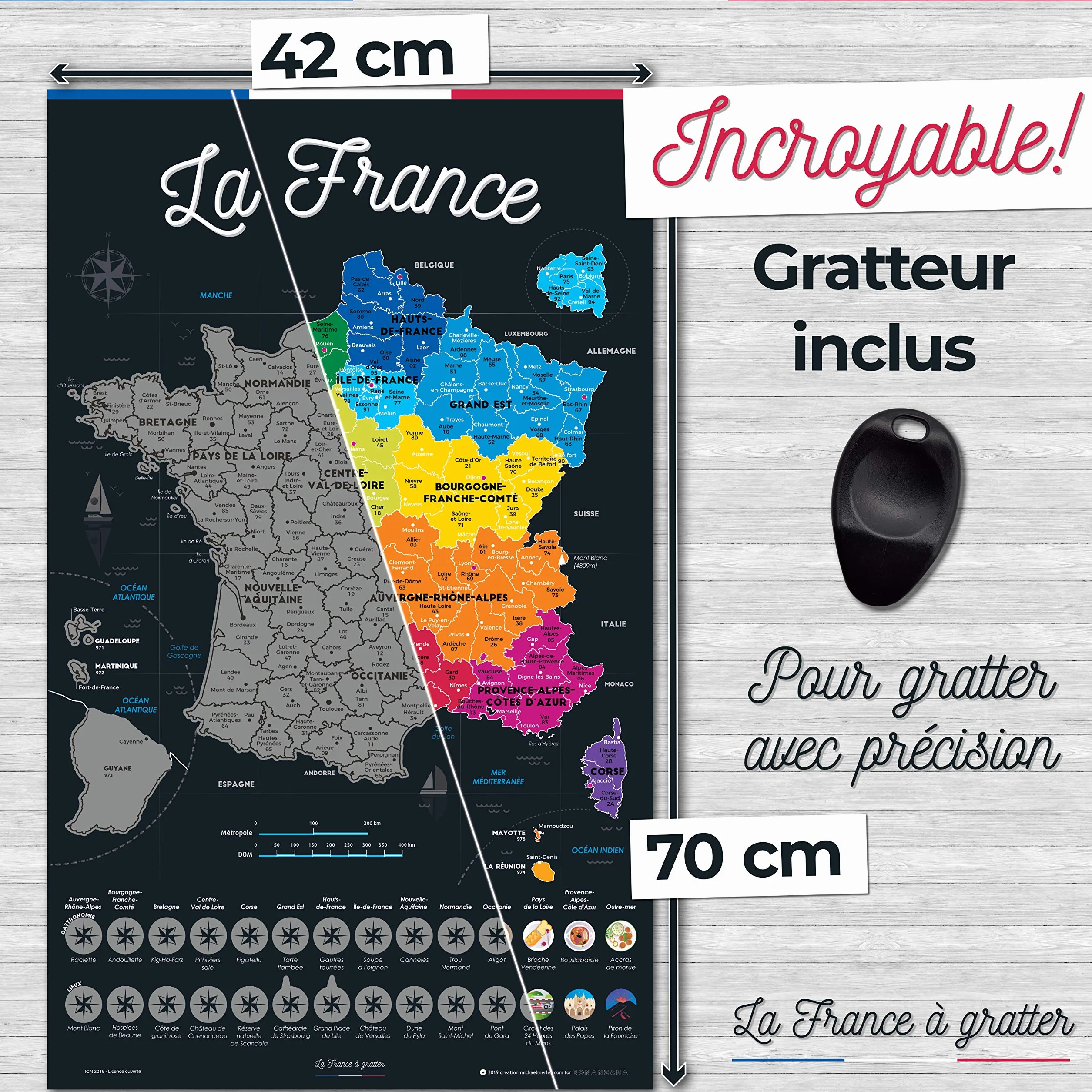 Bonanzana - Mapa Francji do drapania - 70x42 cm - Plakat do drapania regionów i wydziałów francuskich odwiedzanych z naczyniami i miejscami - Karta prezentowa ścienna z podróży - Scratch Off Map