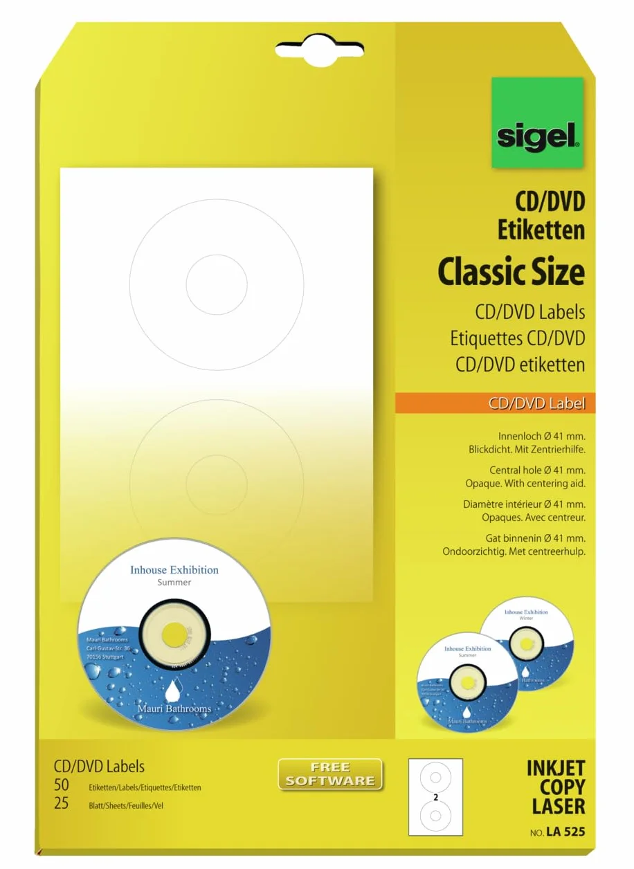 SIGEL LA525 etykiety na płyty CD/DVD białe, nieprzezroczyste, 50 etykiet = 25 arkuszy, z pomocą centrowania, ClassicSize 41 mm otwór wewnętrzny