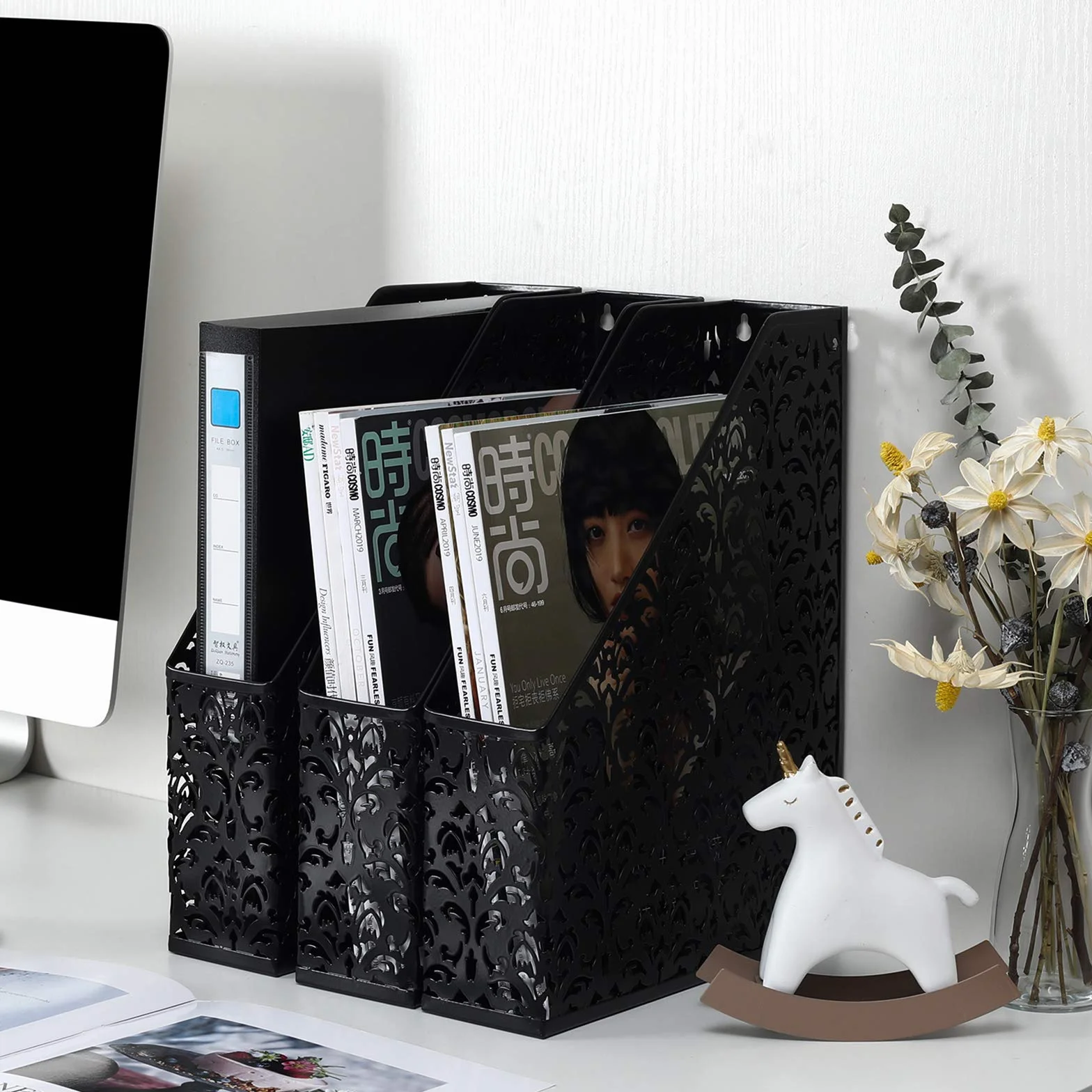 EasyPAG Stojak na Dokumenty A4 Metal Pionowy,Segregator Stojący,Półki na Foldery,Organizer na Biurko,Taca na Czasopisma,Półka na Listy do Domu & Biura,Pakiet 3 Sztuk,Czarny
