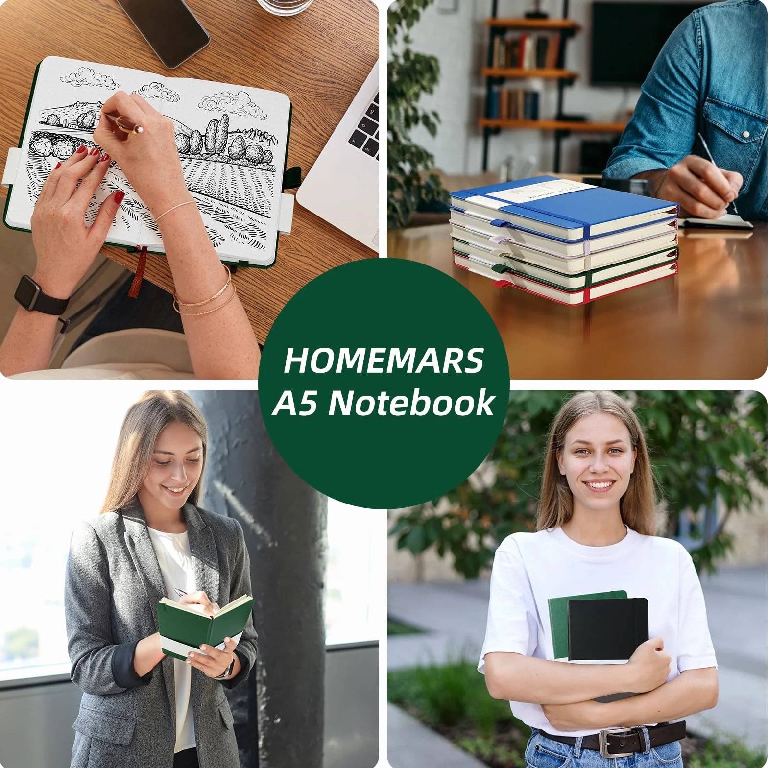 HOMEMARS Notatnik, dziennik, notes w kropki A5, notatnik, kropkowany notatnik A5, Bullet Dotted Journal kropkowany 200 stron, 100 GSM, twarda okładka, uchwyt na długopisy, zakładki, zielony czarny