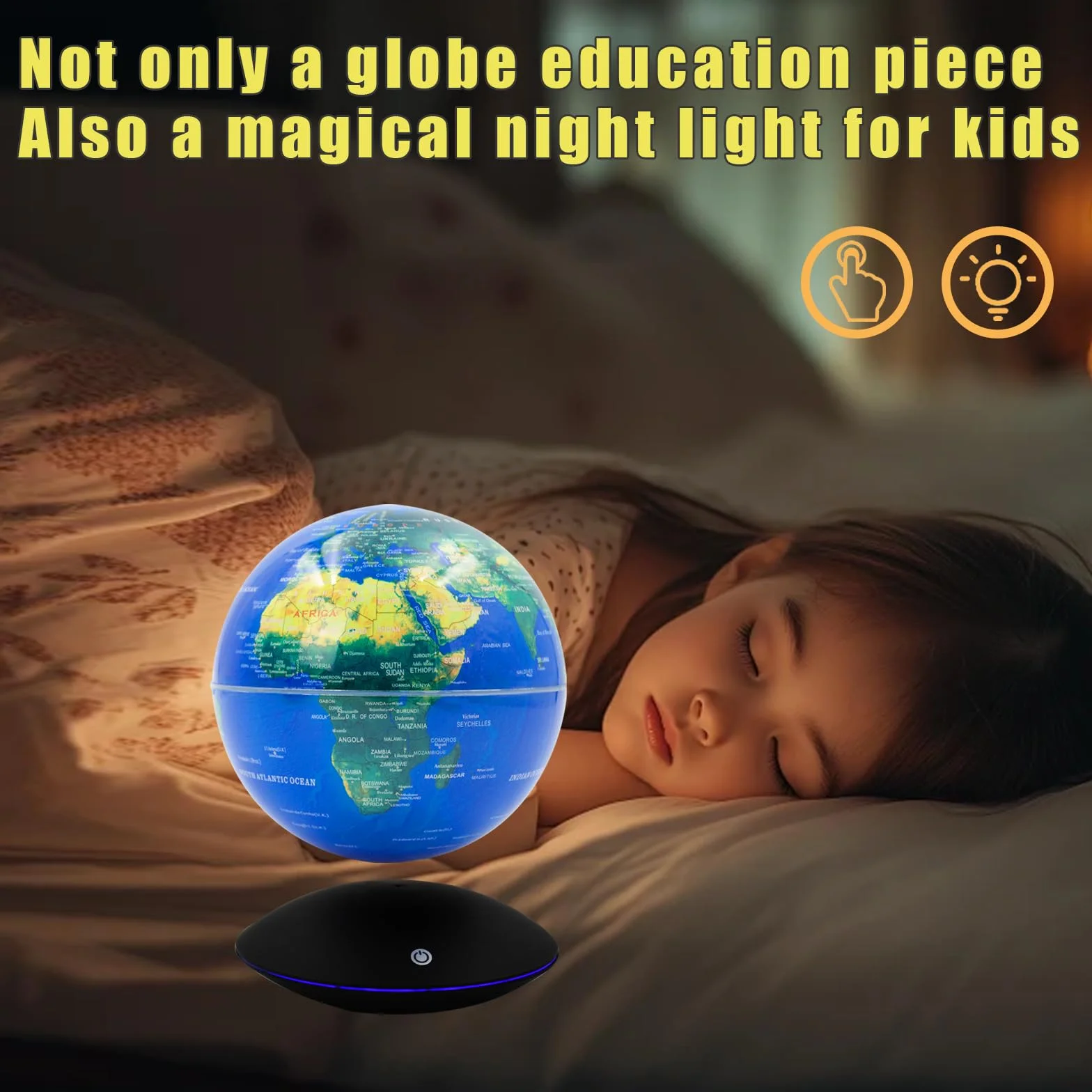 Świecący pływający globus ziemski z 7 kolorowymi światłami, sterowanie dotykowe i gradientowa lampka nocna globus, mapa świata z polem lewitacji magnetycznej do celów edukacyjnych i na prezent