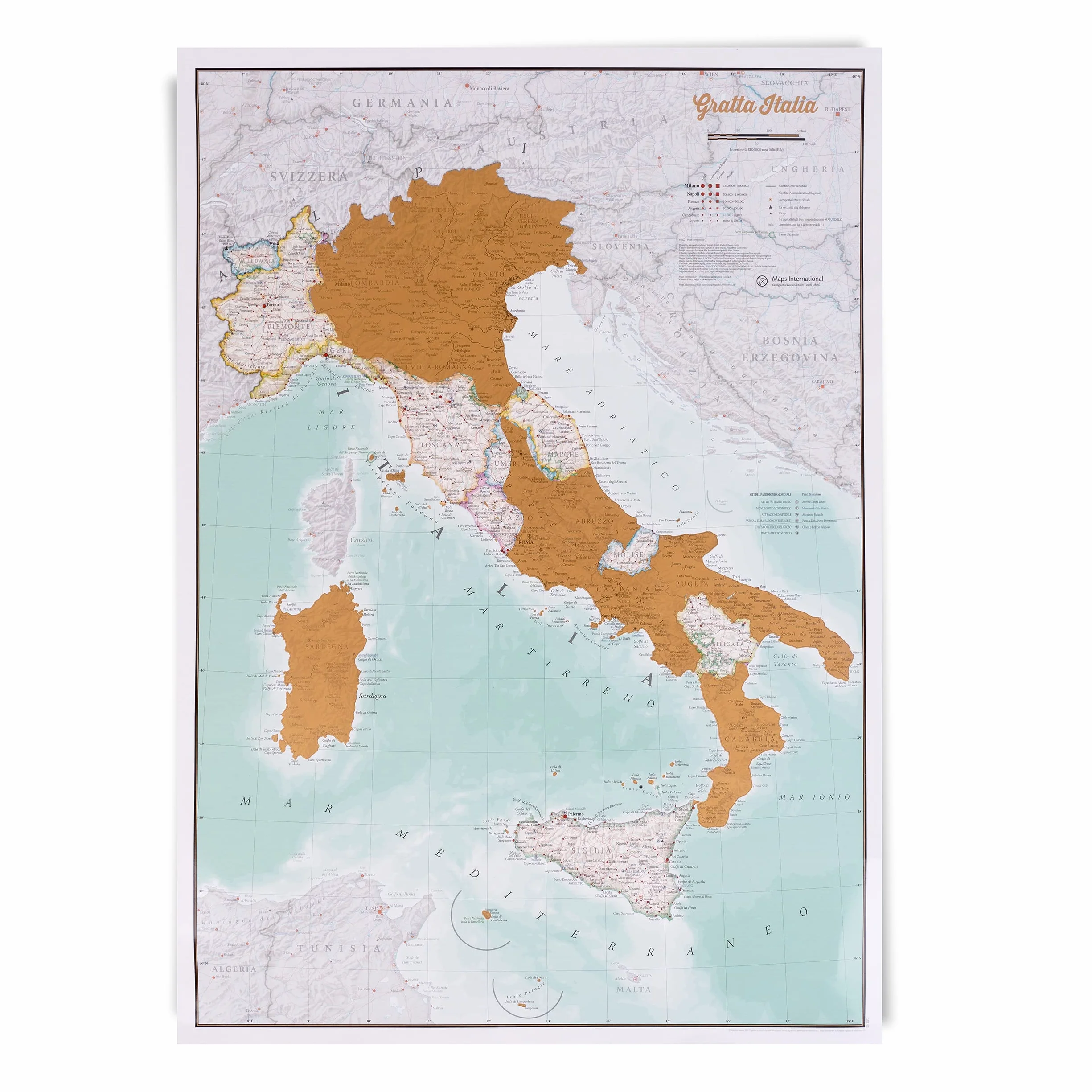 Maps International Mapa Włoch do zdrapywania, pomysł na prezent, 42 x 59 cm, szczegóły kartograficzne pokazują granice państw i regionów
