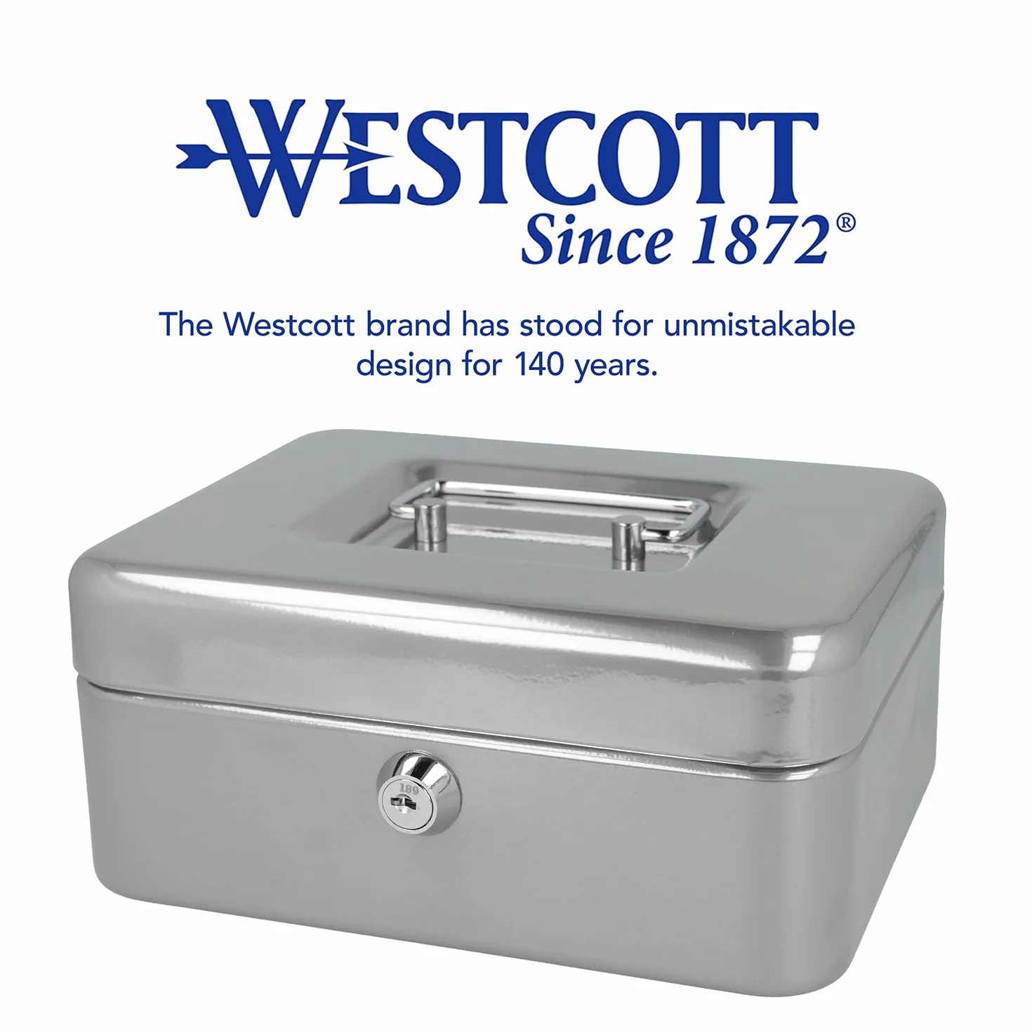 Westcott Kasetka na pieniądze z blachy stalowej, 200 x 161 x 89 mm, zamykana, z 2 kluczami i wkładką na gotówkę z tworzywa sztucznego, kolor srebrny, E-51001 SILVER