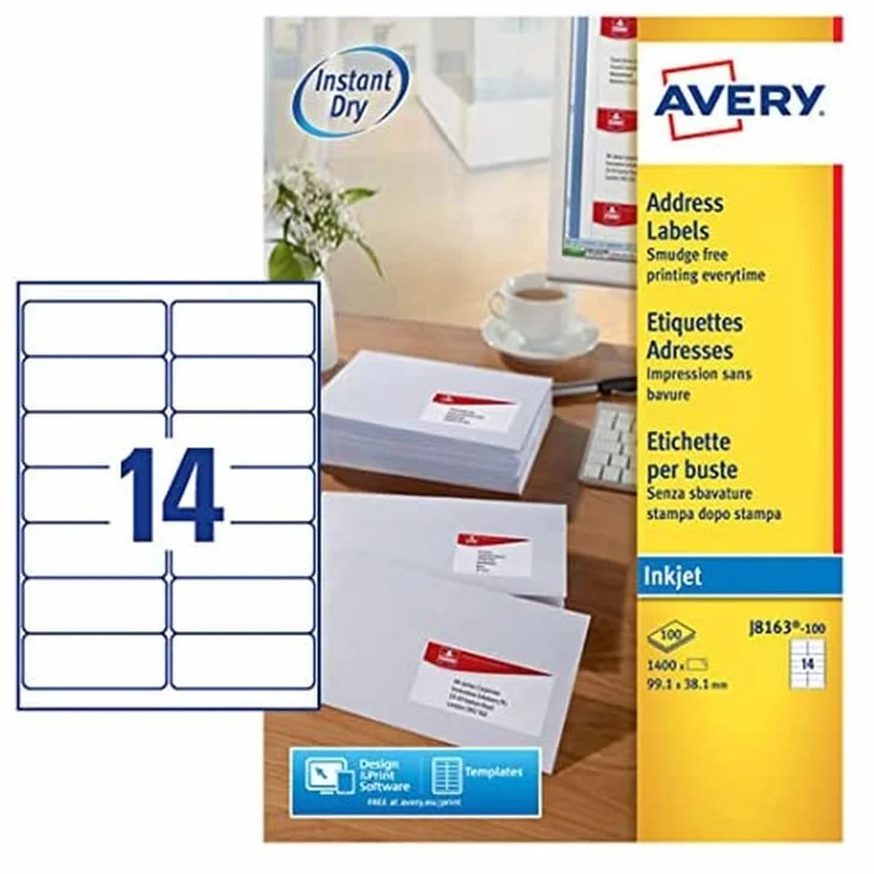 AverY samoprzylepne etykiety adresowe, drukarki atramentowe, 14 etykiet na arkusz A4, 1400 etykiet, QuickDRY (J8163)