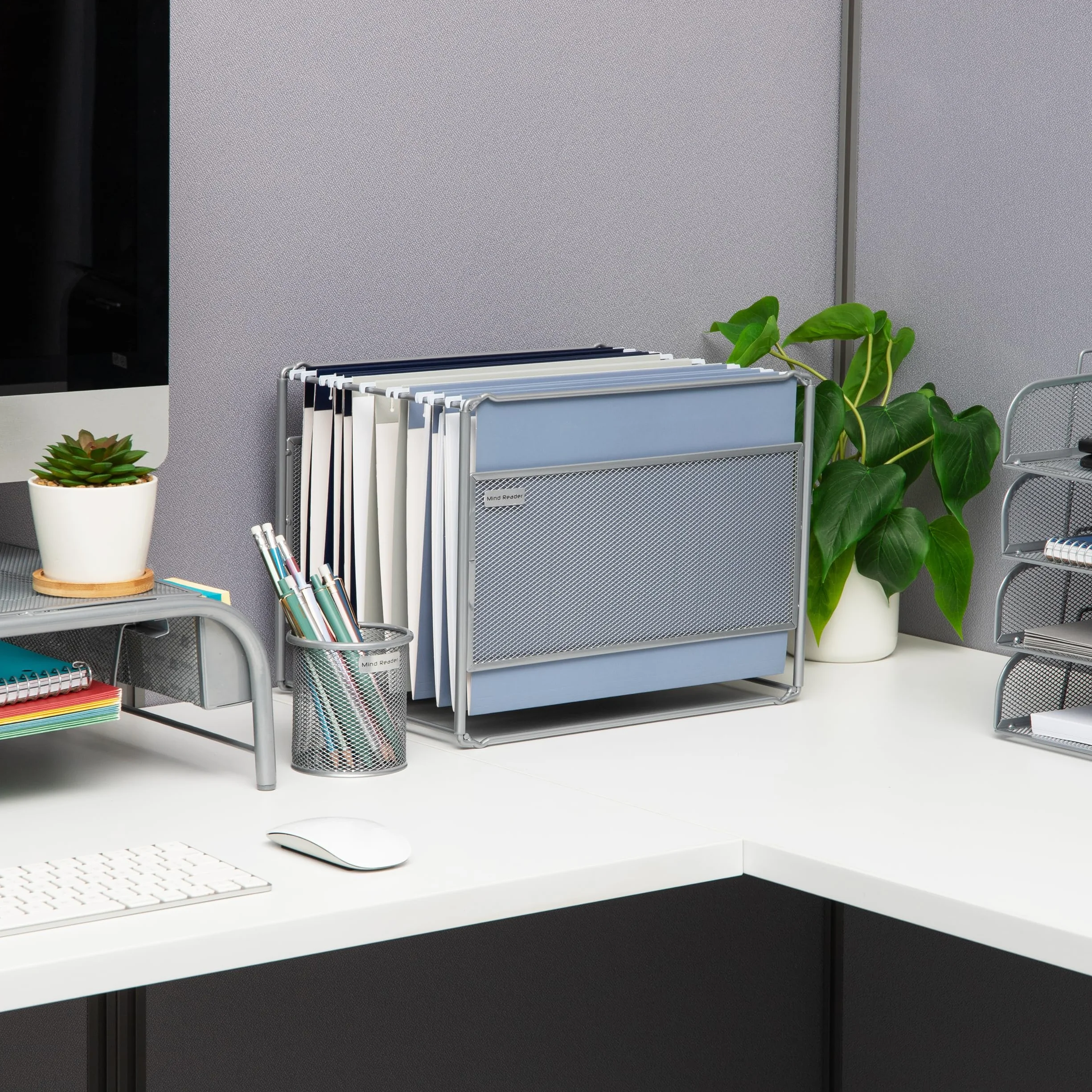 Mind Reader Hanging File Folder Organizer, Desktop Organizer, Storage, Office, Metal Mesh, 13" L x 9.75" W x 10.25" H, Silver
