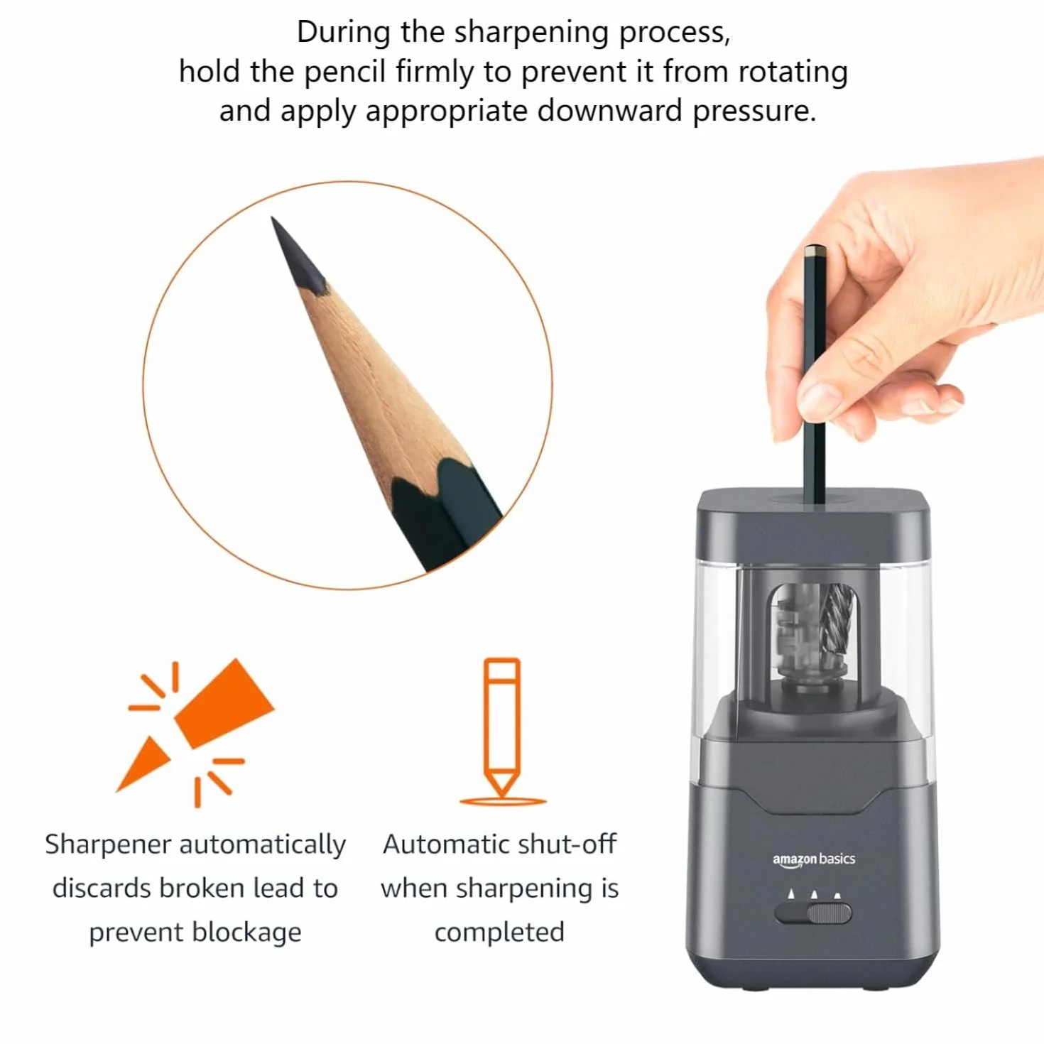 Amazon Basics przenośna elektryczna temperówka, ostrze spiralne, automatyczne zatrzymanie, zasilanie bateryjne/USB, czarna, 9 x 9 x 16 cm