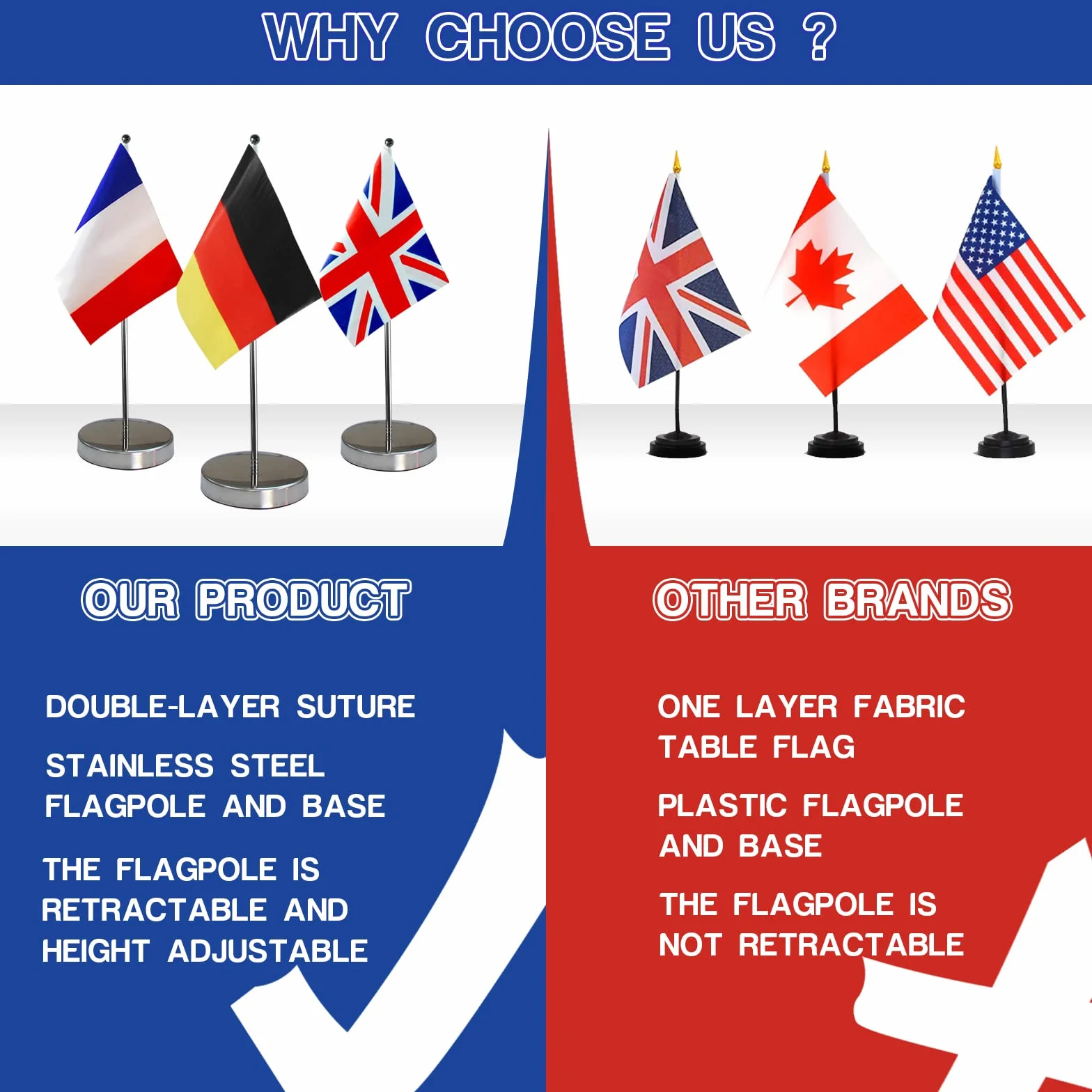 Polska flaga stołowa 23 x 15 cm – podstawa ze stali nierdzewnej, regulowany drążek