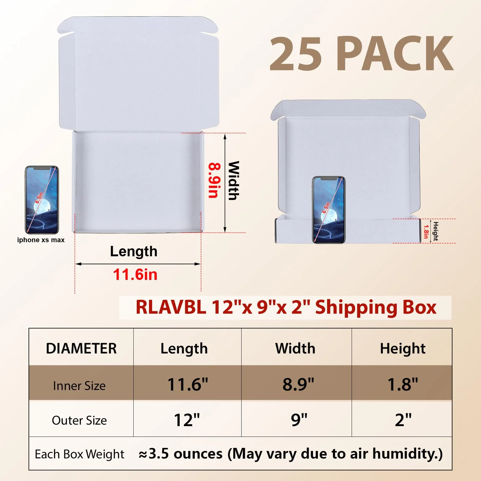 RLAVBL 25 sztuk dwustronnych białych kartonów wysyłkowych, wymiary: 30,5 x 22,9 x 5,1 cm, łatwy montaż, idealne dla małych firm