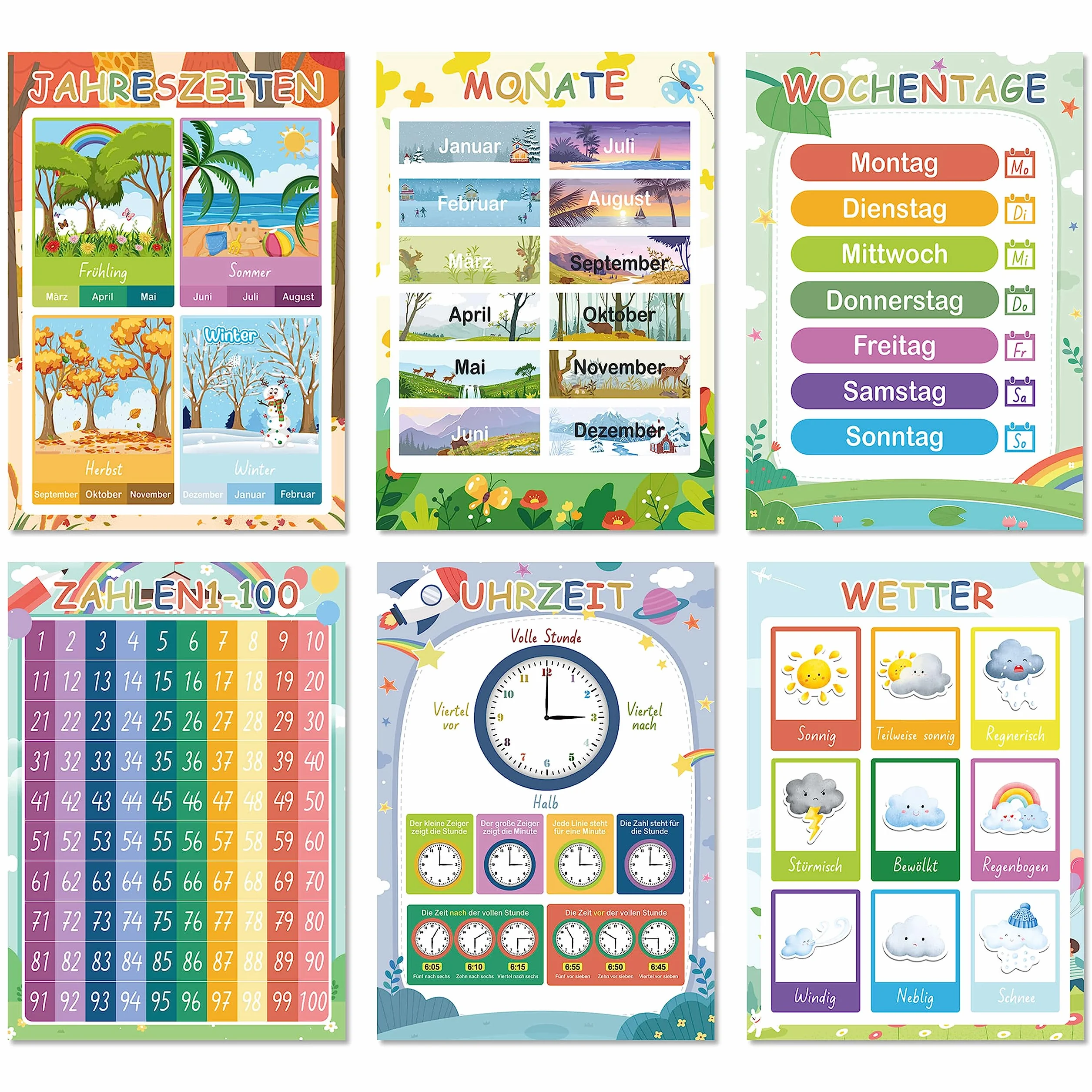 BIROYAL Montessori 16 Edukacyjnych Plakatów A4, ABC dla Dzieci, Gruby Papier Laminowany, Alfabet, Edukacyjny do Szkoły Podstawowej, Piktogramy