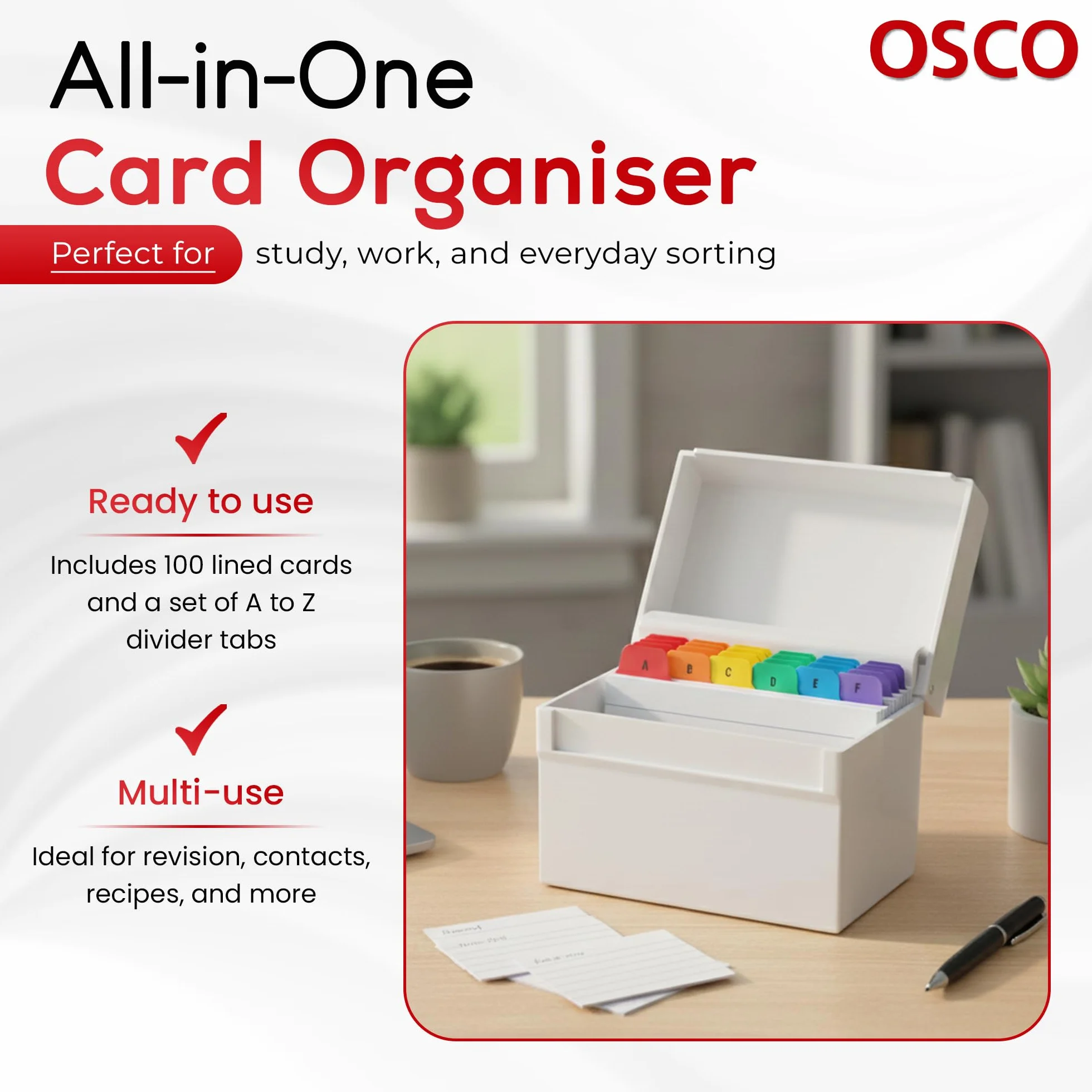 OSCO Białe plastikowe pudełko indeksowe z przegródkami A-Z, 100 arkuszy w linie 15x10 cm
