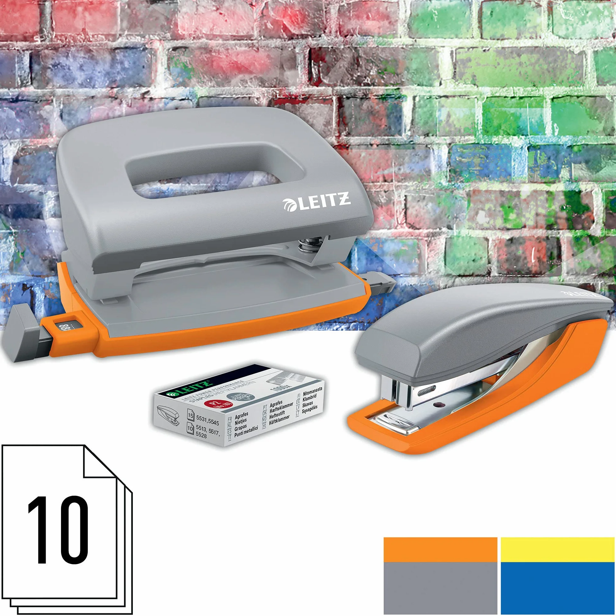 Leitz 55996088 Mini zszywacz i dziurkacz, zszywacz lub dziurkacz do 10 arkuszy, zawiera zszywki, Urban Chic Range, szary, 55996088