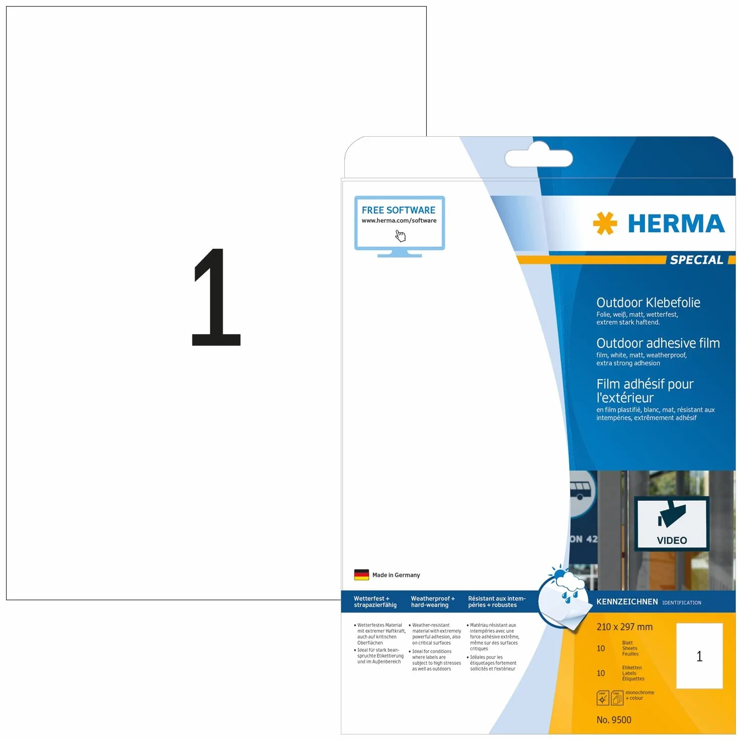 HERMA Samoprzylepne etykiety foliowe, 1 etykieta na arkusz A4, 10 arkuszy, 210 x 297 mm, 10 etykiet, puste etykiety odporne na warunki atmosferyczne, samoprzylepne etykiety do drukarek laserowych i